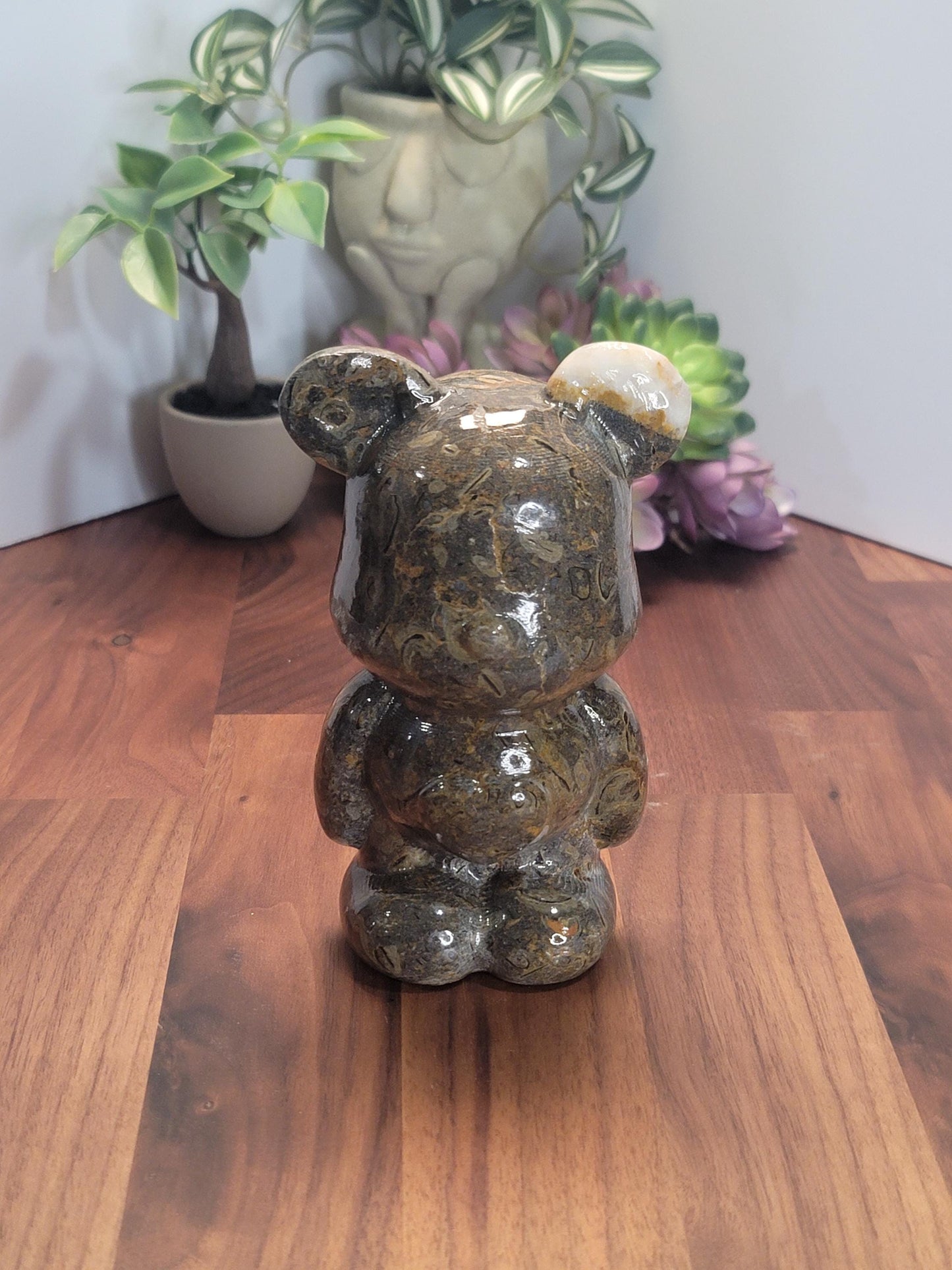 Brown Bamboo Jasper Crystal Heart Bear | 6 Inches | Light and Dark Brown | One of a Kind