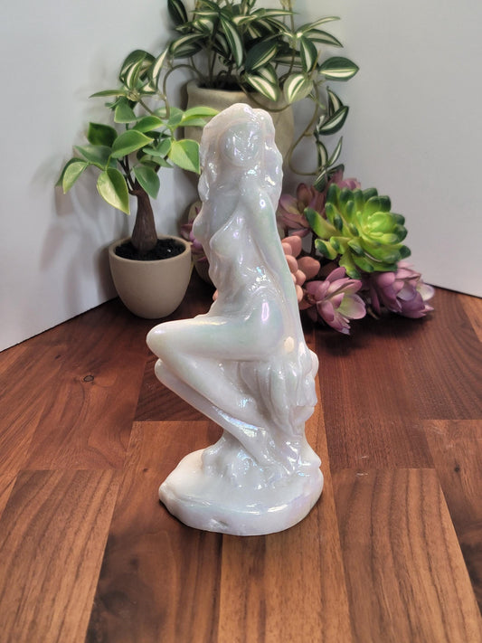 Aura Coated Quartz Sitting Lady Crystal Carving Statue | A | 7.5 Inches | White and Rainbow | One of a Kind