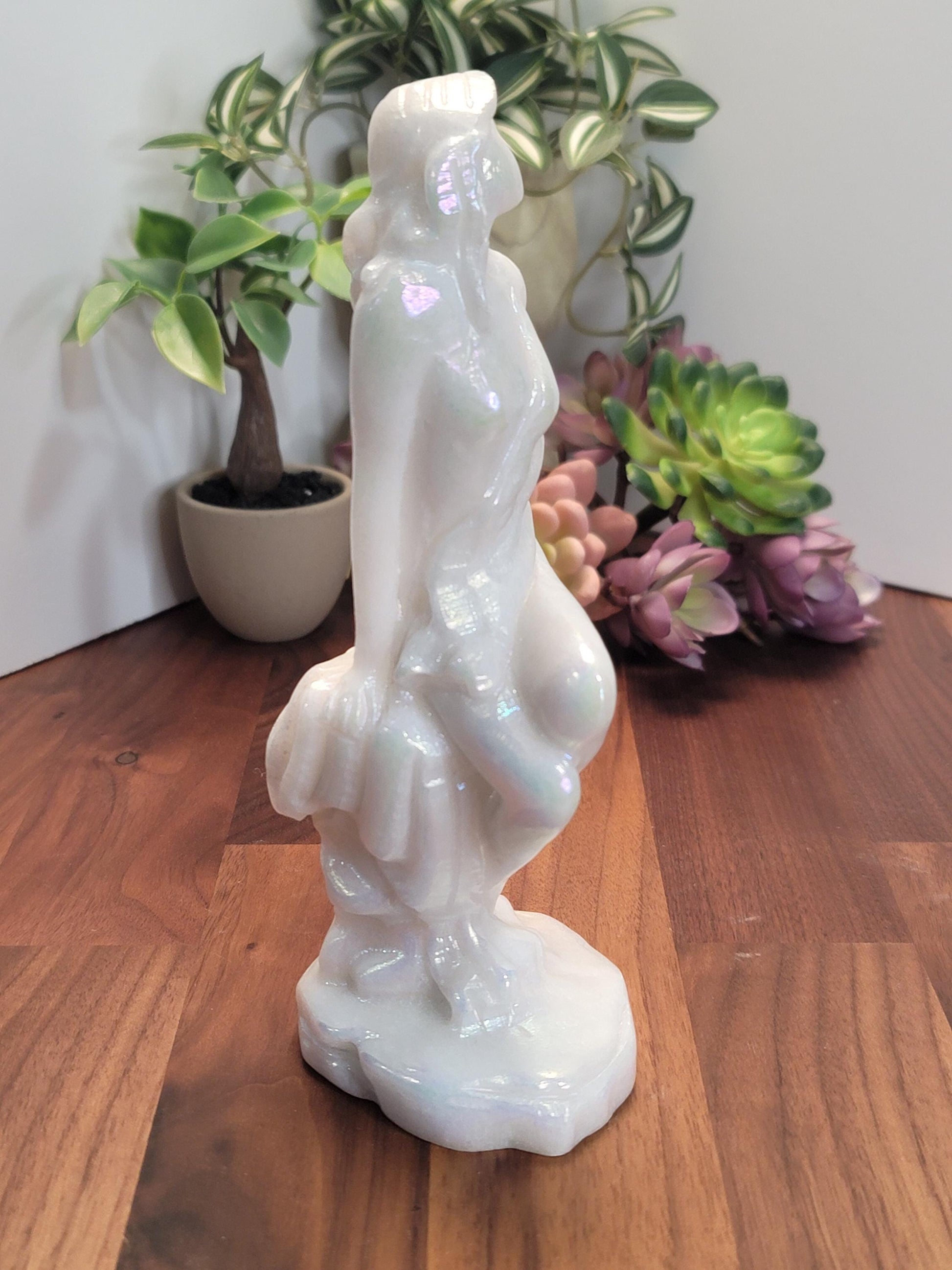 Aura Coated Quartz Sitting Lady Crystal Carving Statue | A | 7.5 Inches | White and Rainbow | One of a Kind