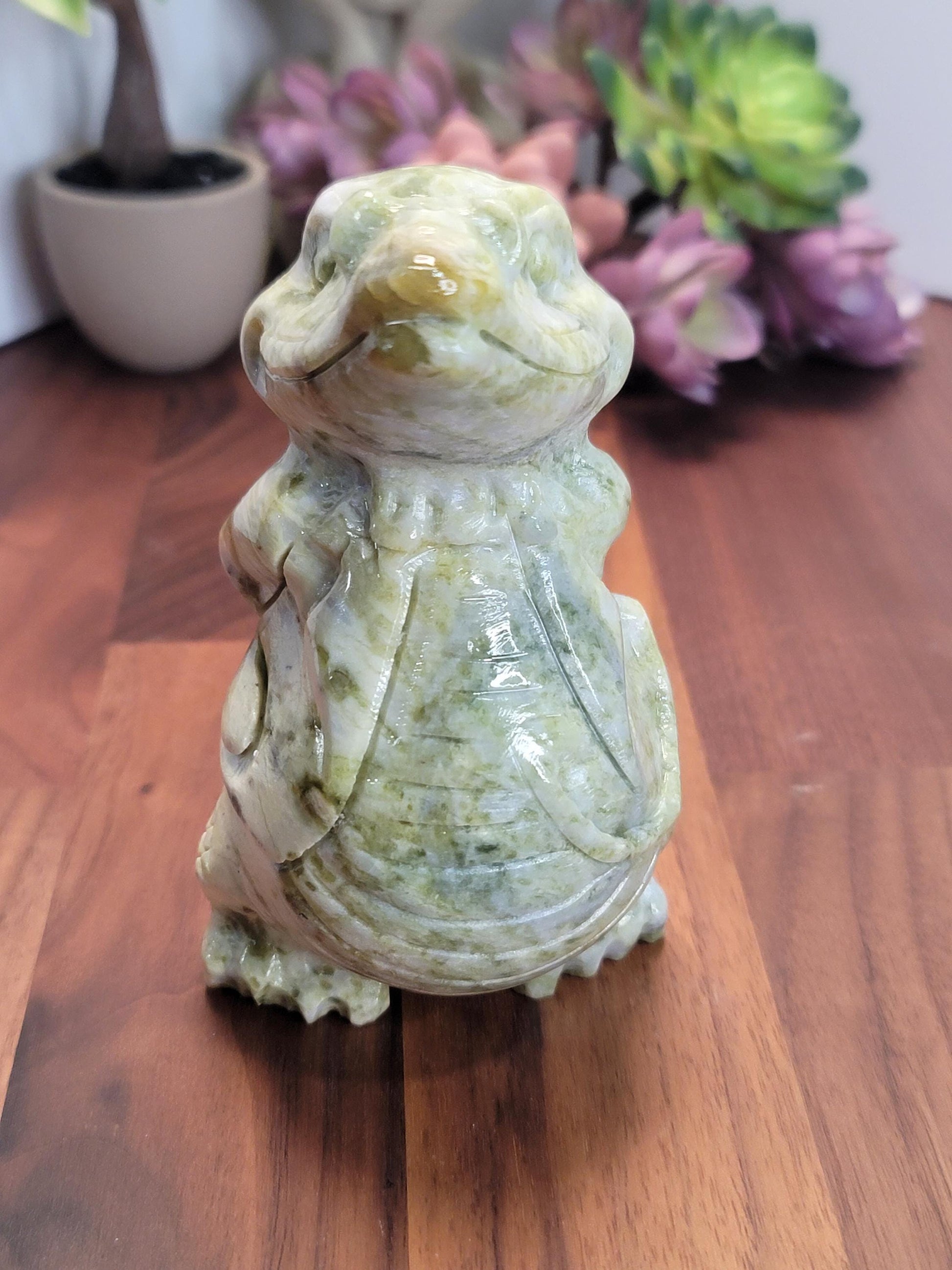 Awesome Alligator Green Jade Crystal Carving | A | 4.9 Inches | Green Yellow and White | One of a Kind