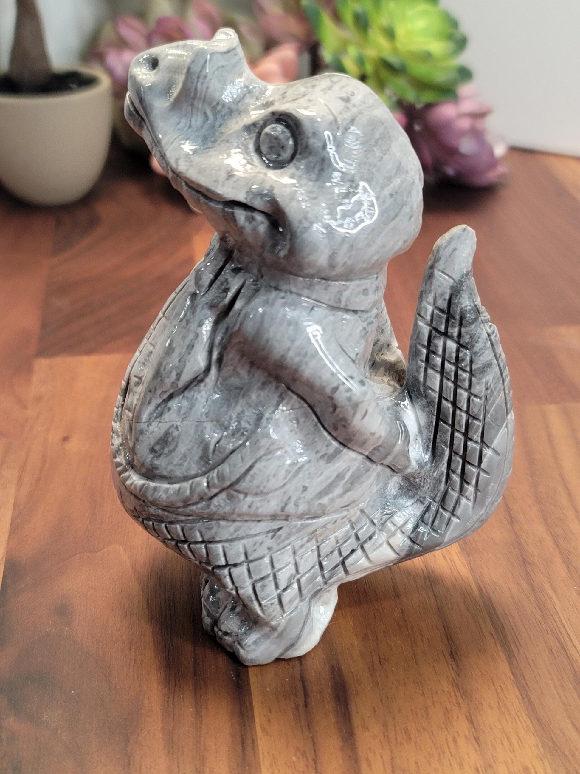 Awesome Alligator Picasso Jasper Crystal Carving | A | 4.9 Inches | Black White and Gray | One of a Kind