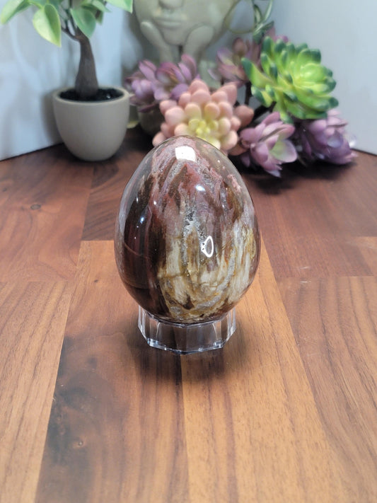 Pretty Petrified Wood Egg Crystal Carving | A | Druzy Pockets | 3.4 Inches | Red Yellow Pink and White | One of a Kind