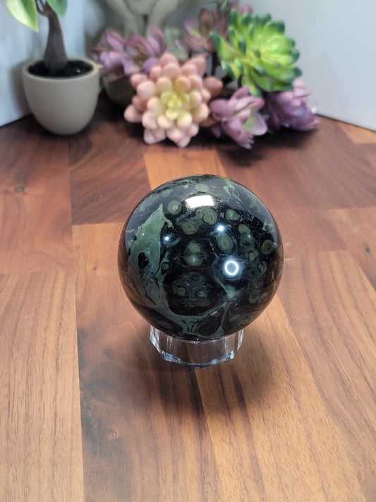 Swirling Kambaba Jasper Crystal Sphere | A | 79 MM 3.1 Inches | Green and Black | One of a Kind