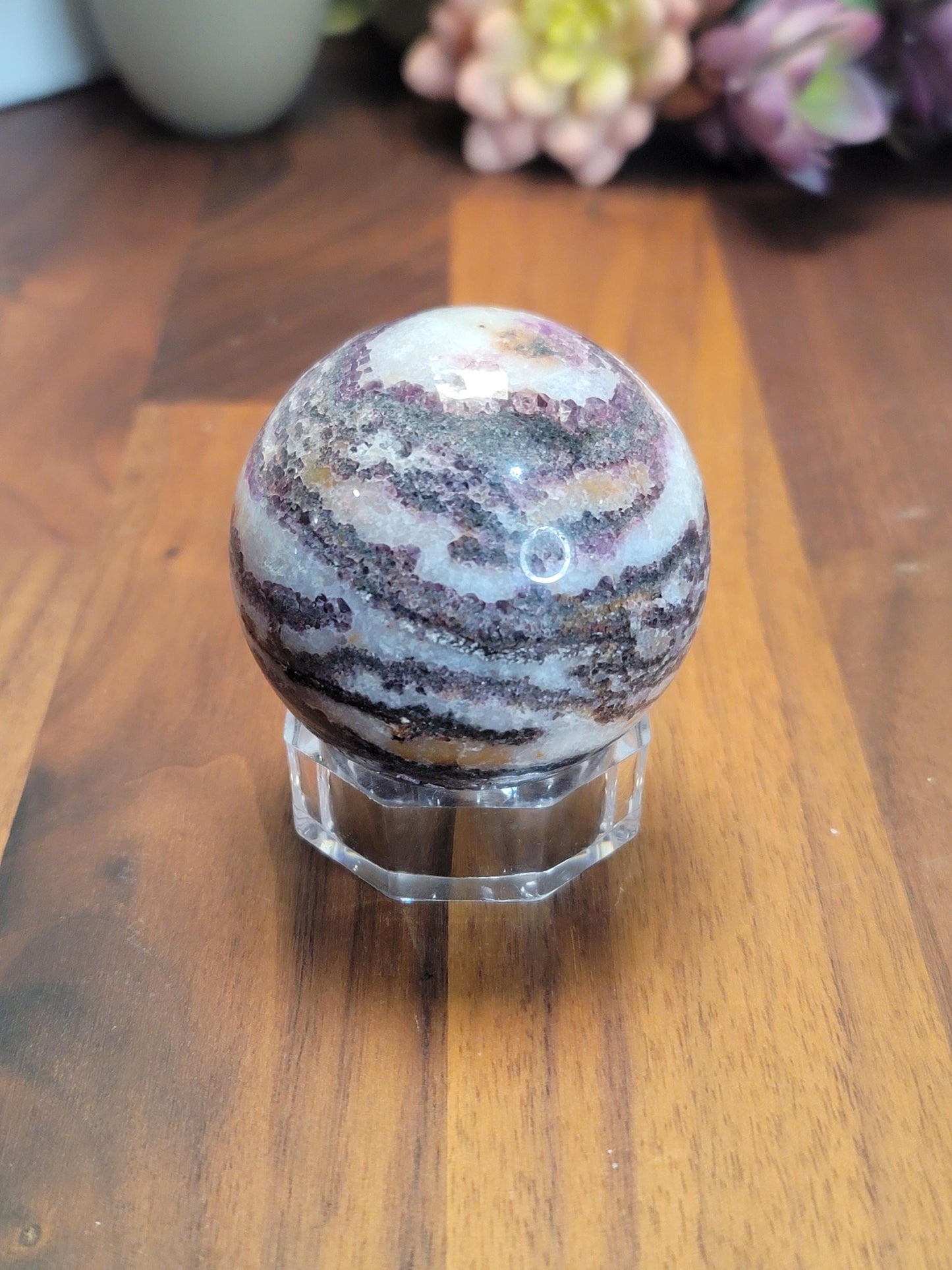 Zebra Fluorite Crystal Sphere | A | 57 MM 2.25 Inches | Pink Purple and White | One of a Kind