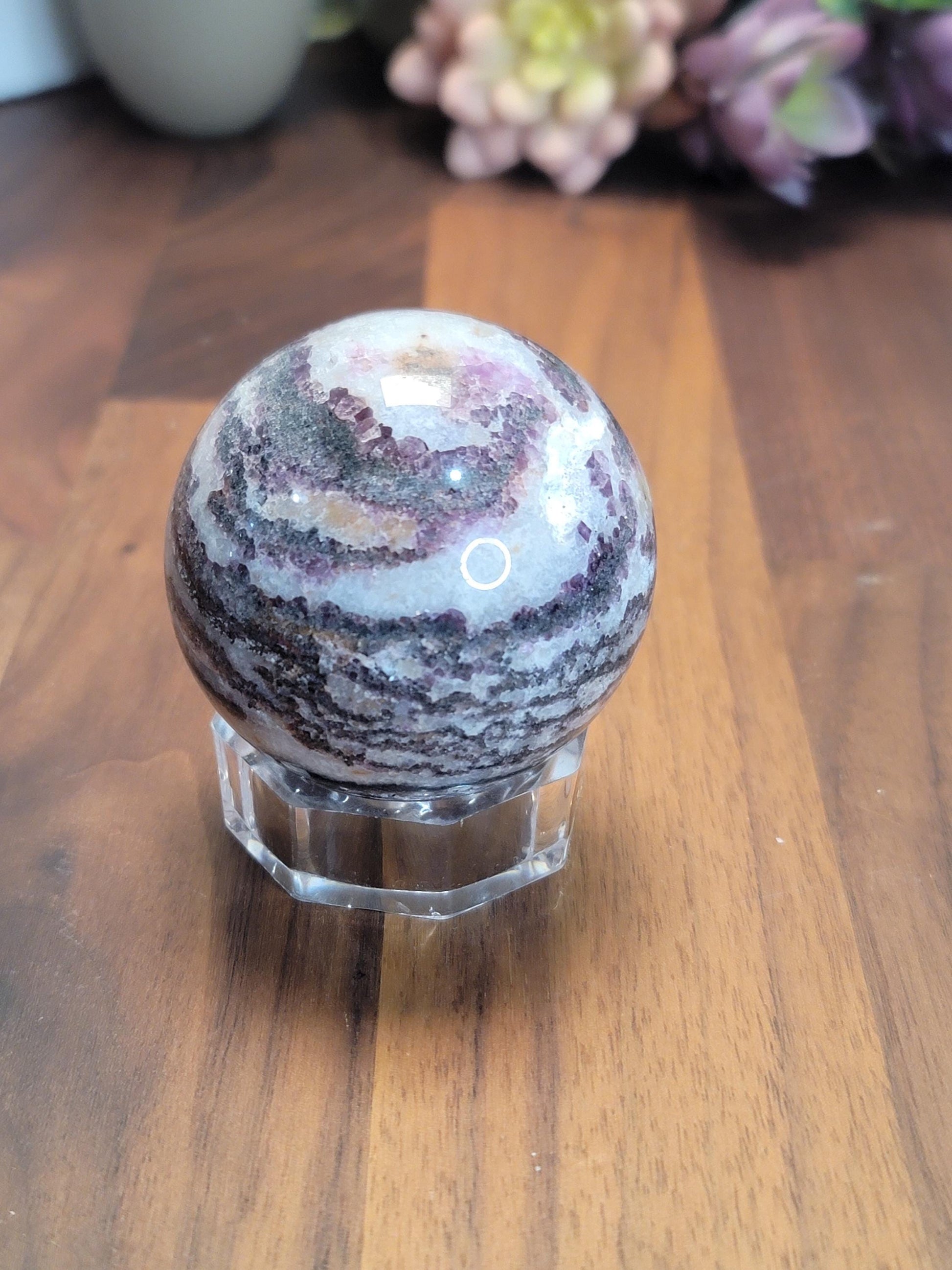 Zebra Fluorite Crystal Sphere | A | 57 MM 2.25 Inches | Pink Purple and White | One of a Kind