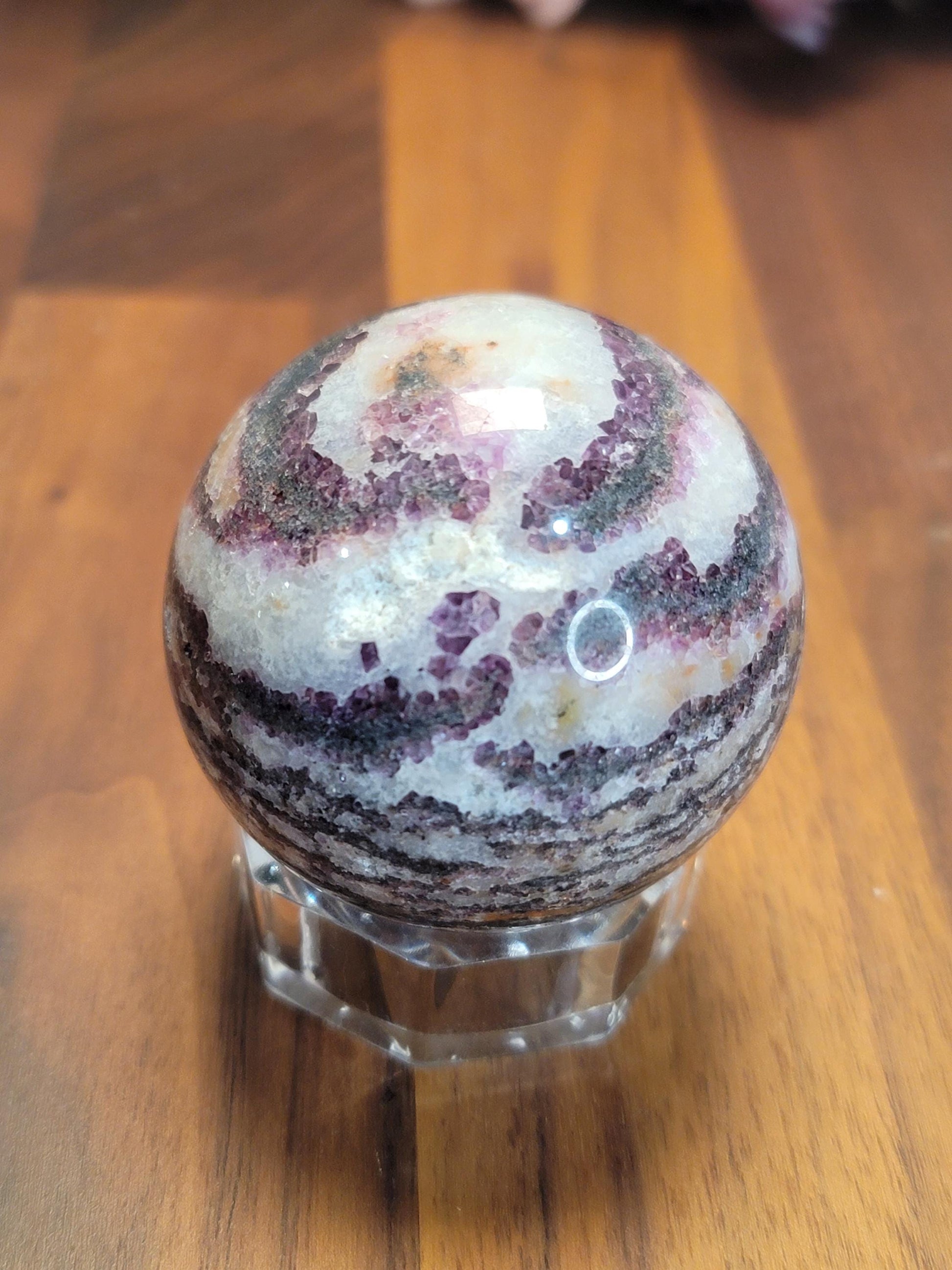 Zebra Fluorite Crystal Sphere | A | 57 MM 2.25 Inches | Pink Purple and White | One of a Kind