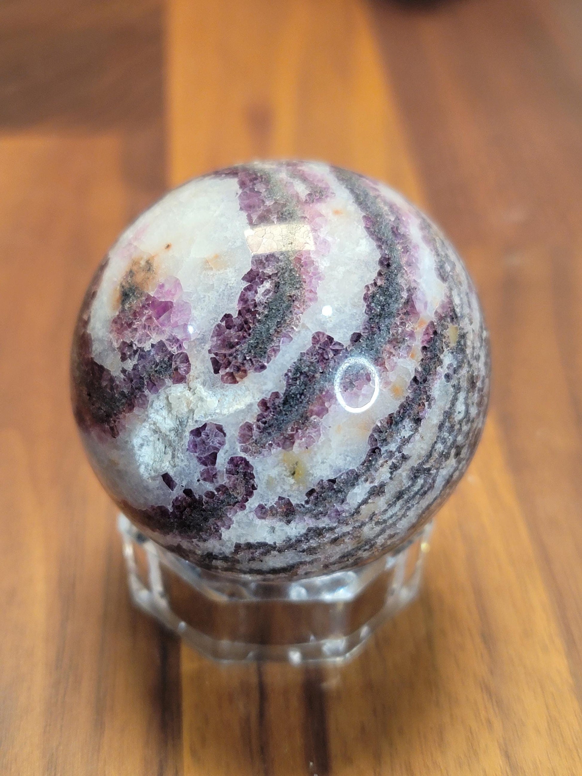 Zebra Fluorite Crystal Sphere | A | 57 MM 2.25 Inches | Pink Purple and White | One of a Kind