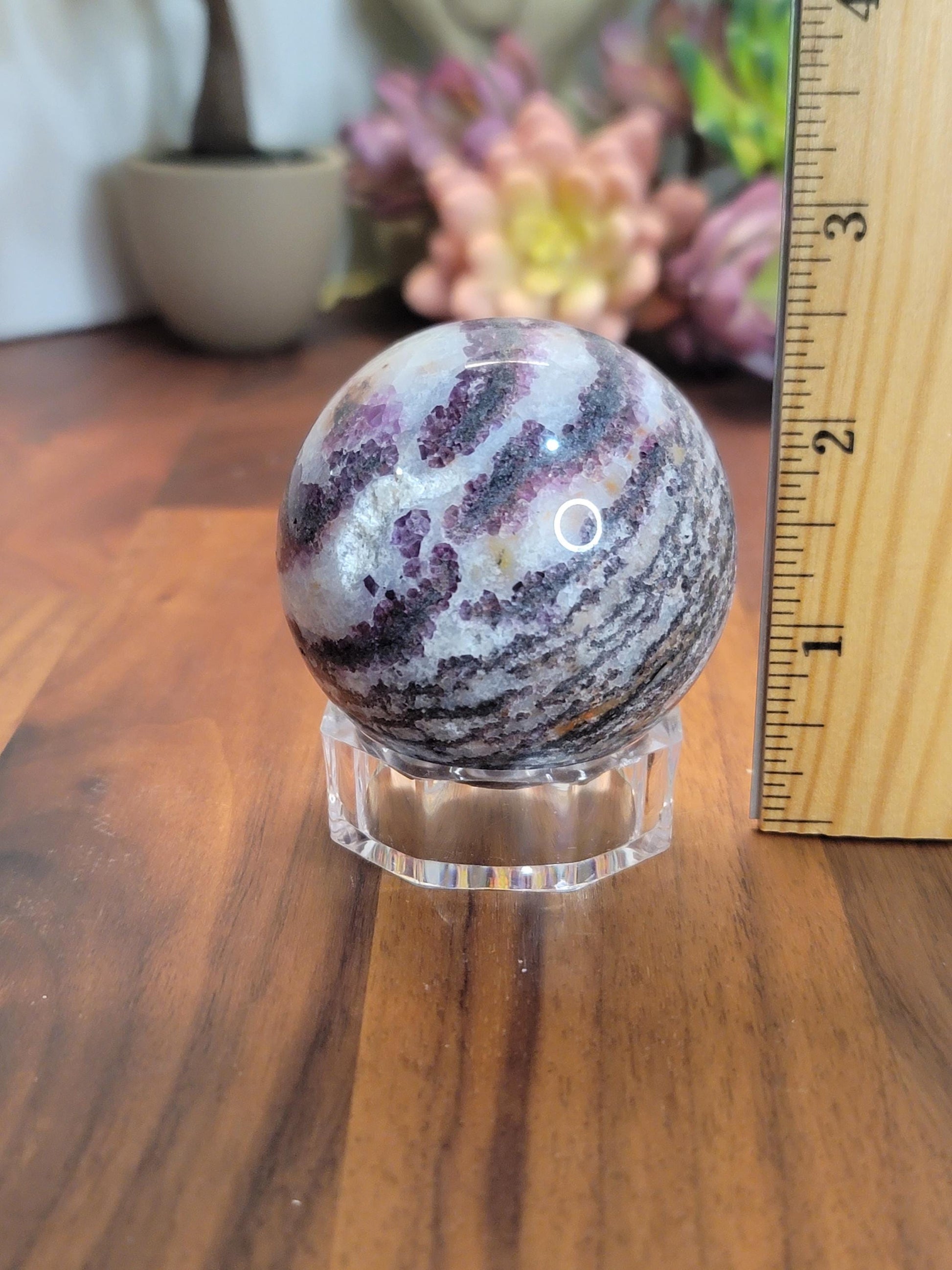 Zebra Fluorite Crystal Sphere | A | 57 MM 2.25 Inches | Pink Purple and White | One of a Kind