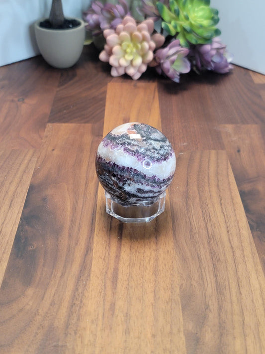 Zebra Fluorite Crystal Sphere | B | 58 MM 2.25 Inches | Pink Purple and White | One of a Kind