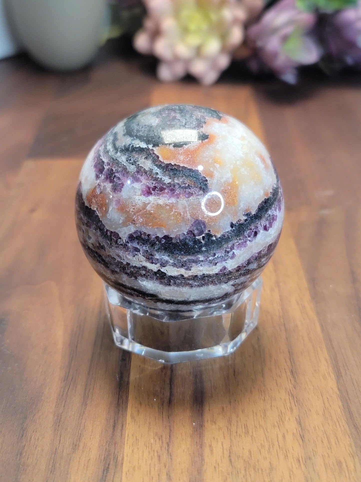 Zebra Fluorite Crystal Sphere | B | 58 MM 2.25 Inches | Pink Purple and White | One of a Kind