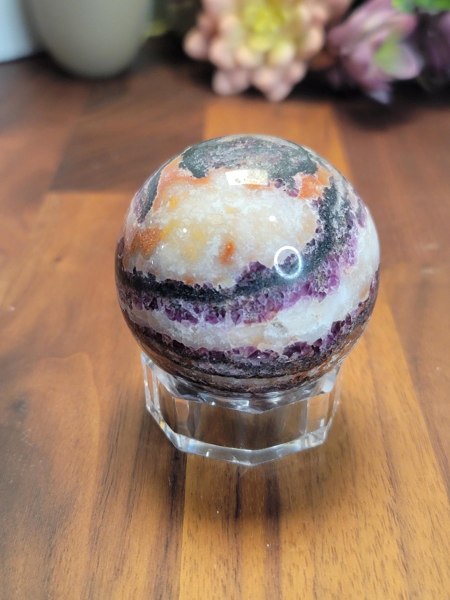 Zebra Fluorite Crystal Sphere | B | 58 MM 2.25 Inches | Pink Purple and White | One of a Kind