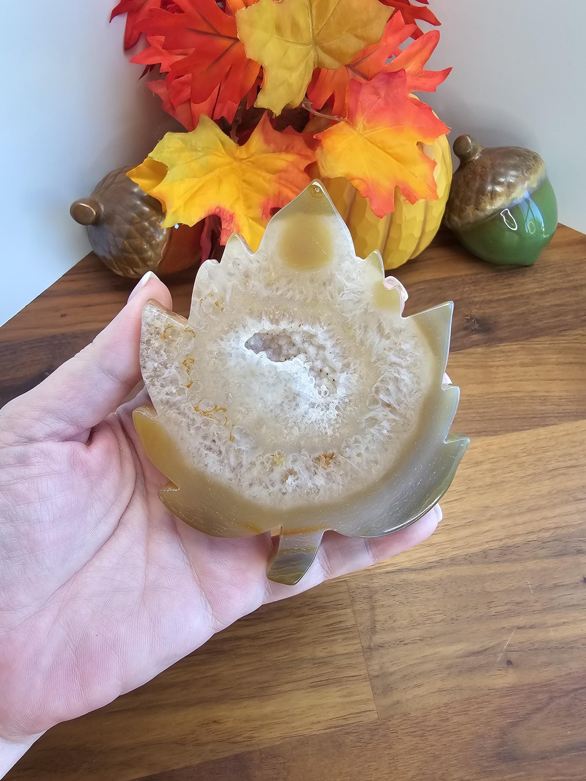 Cream Druzy Agate Leaf Crystal Carving