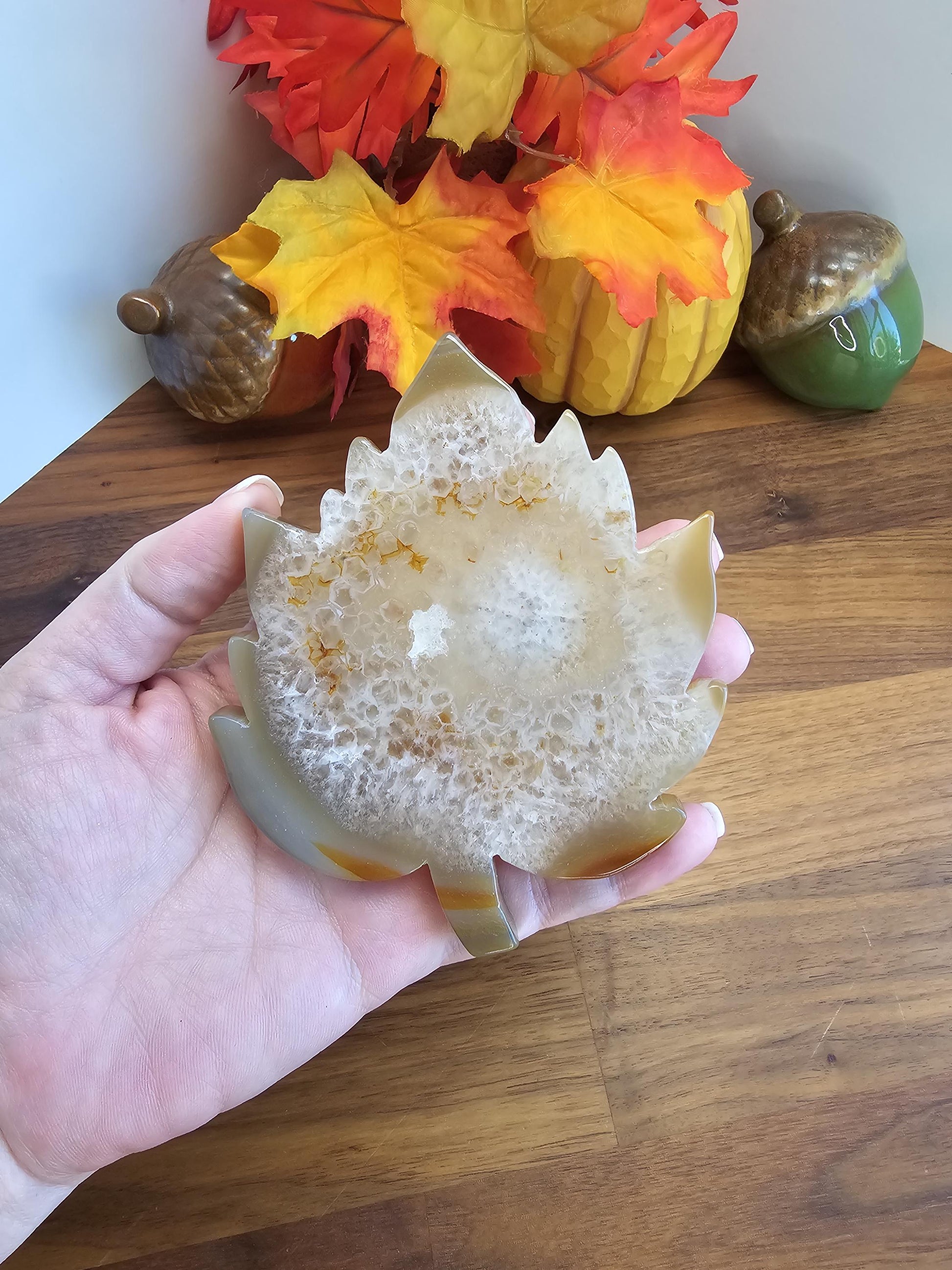 Cream Druzy Agate Leaf Crystal Carving