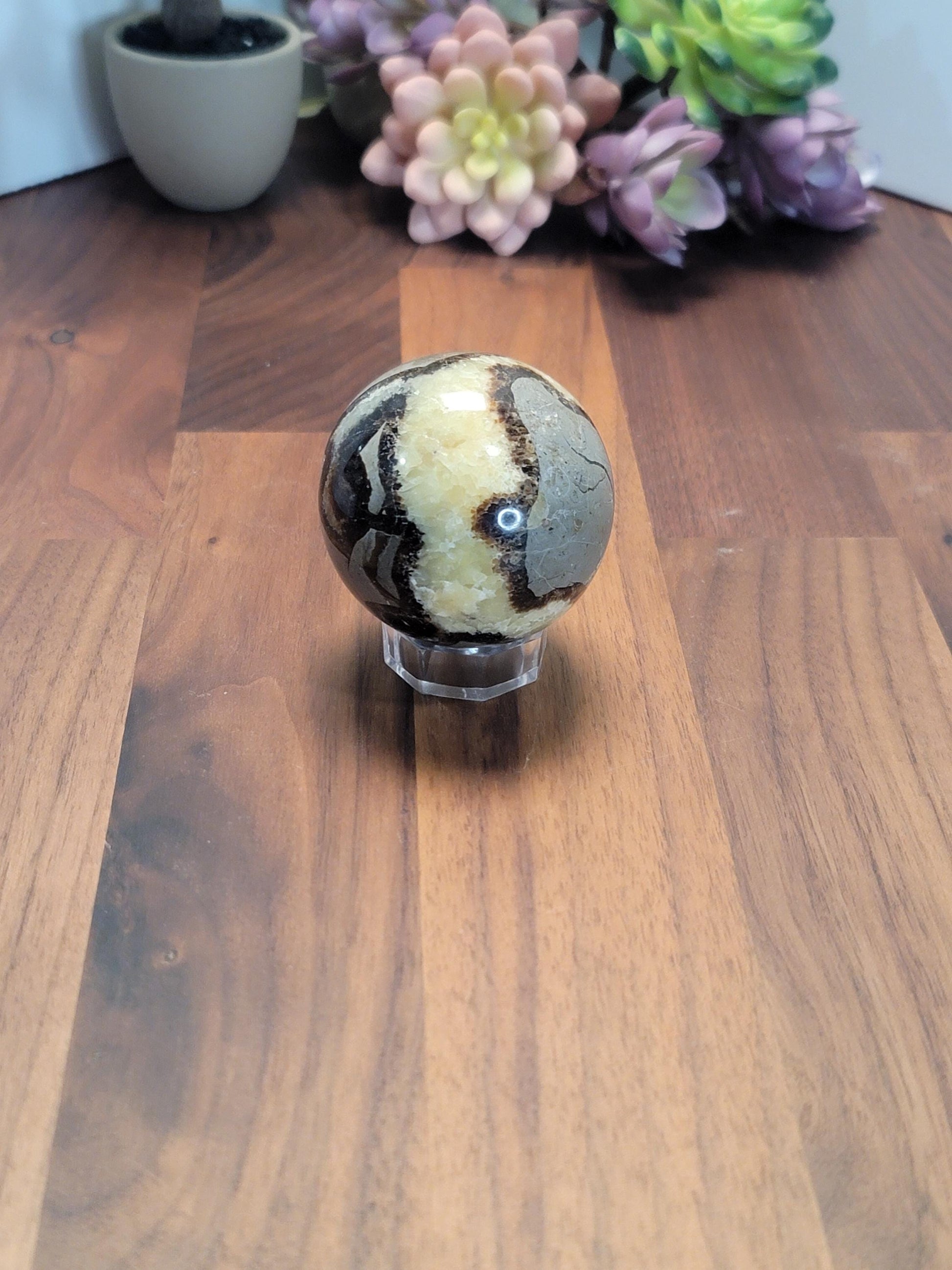 Dragon Egg Septarian Crystal Sphere | A | 2.25 Inches 57 MM | Gray, Black, Yellow and White | UV Reactive | One of a Kind