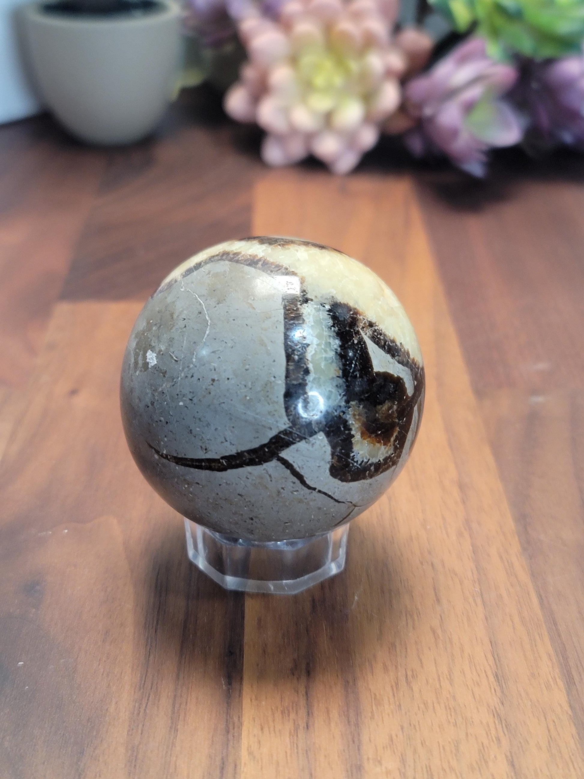 Dragon Egg Septarian Crystal Sphere | A | 2.25 Inches 57 MM | Gray, Black, Yellow and White | UV Reactive | One of a Kind