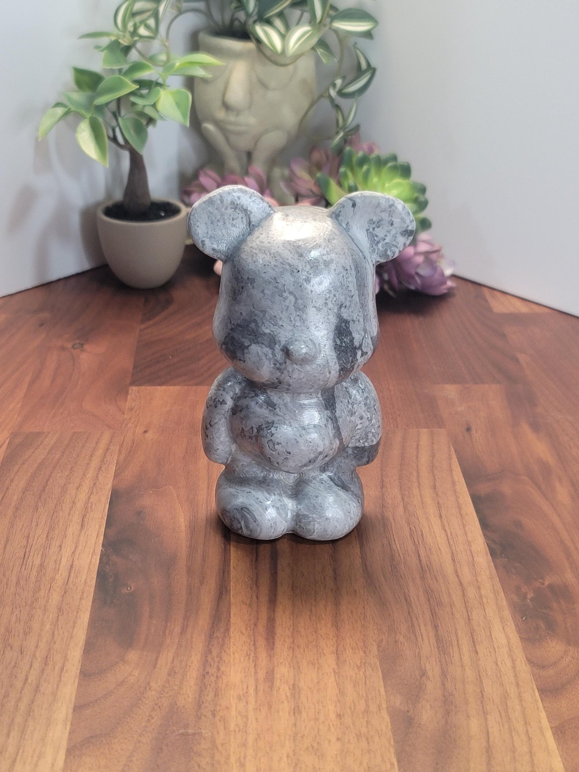 Gray Picasso Jasper Crystal Heart Bear | 6 Inches | Gray Black and White | One of a Kind