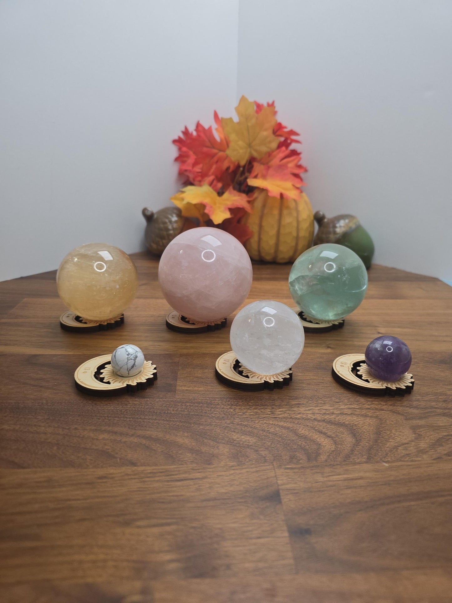 Celestial Wood Crystal Sphere Stand: Sun & Moon Decor (2 inch)