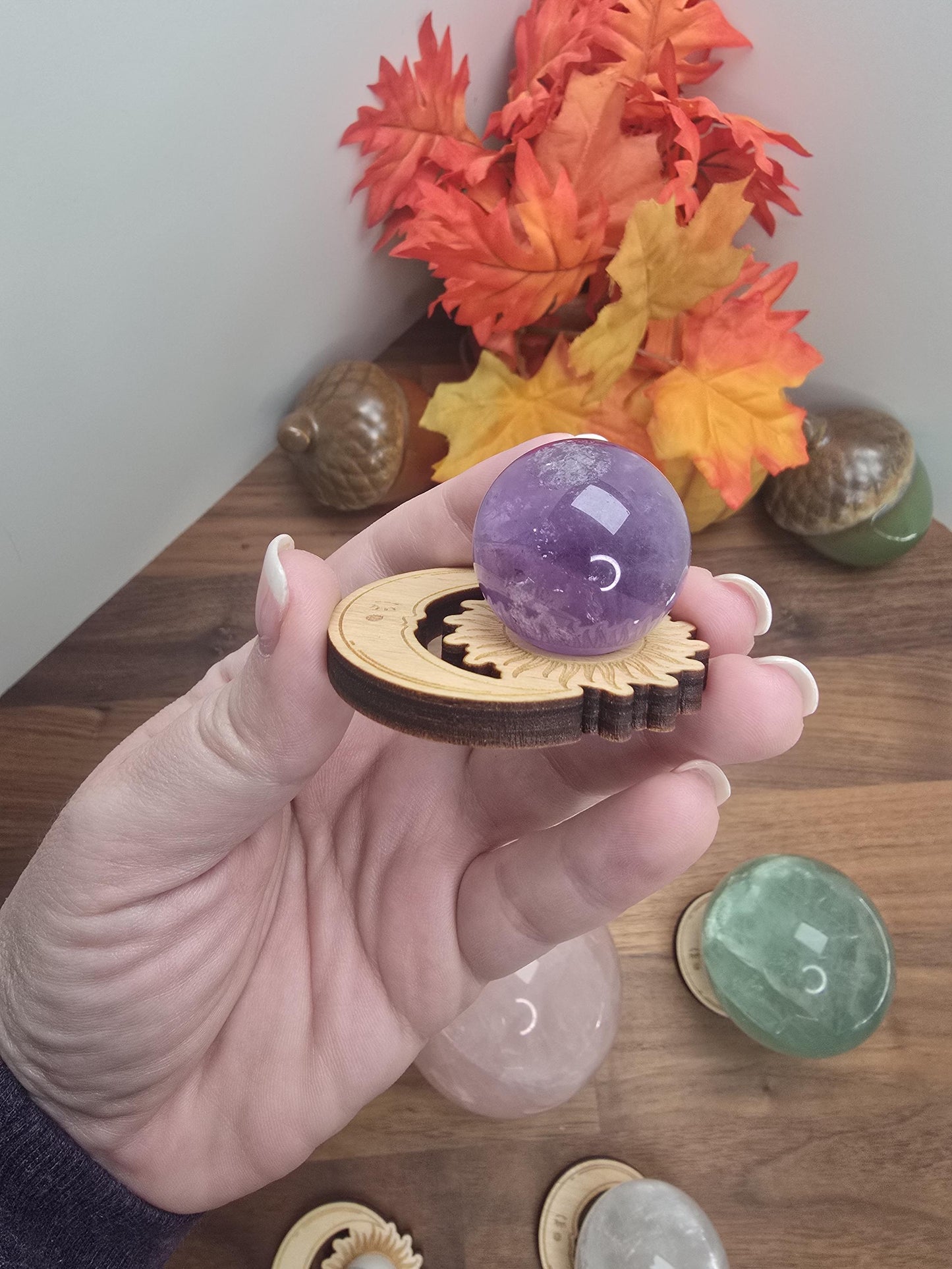 Celestial Wood Crystal Sphere Stand: Sun & Moon Decor (2 inch)