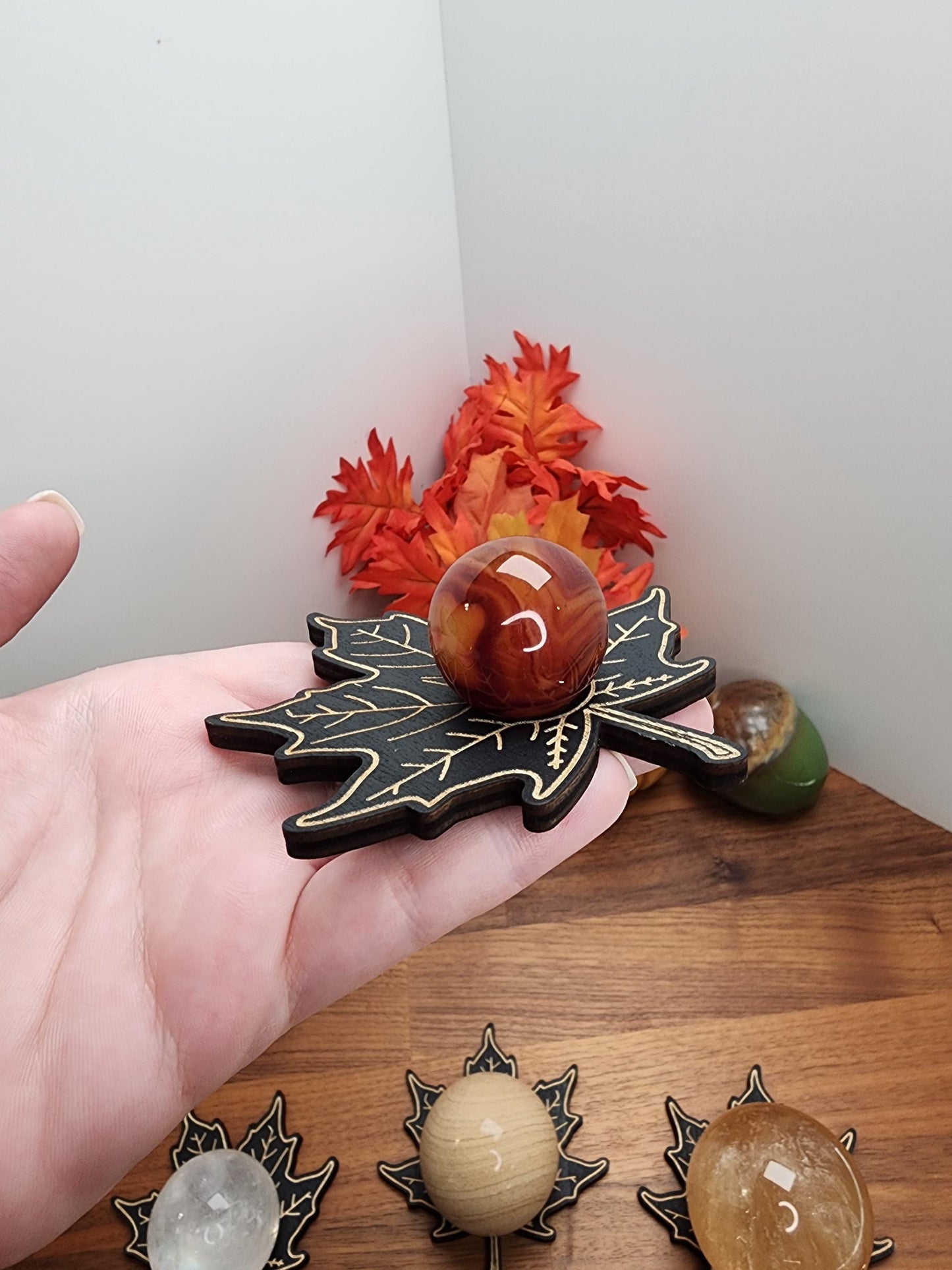 Maple Leaf Crystal Sphere Stand | Black Etched Wood Leaves for Autumn Decor | 4' | Fall Ball Display or Baseball Holder | Intuitively Chosen