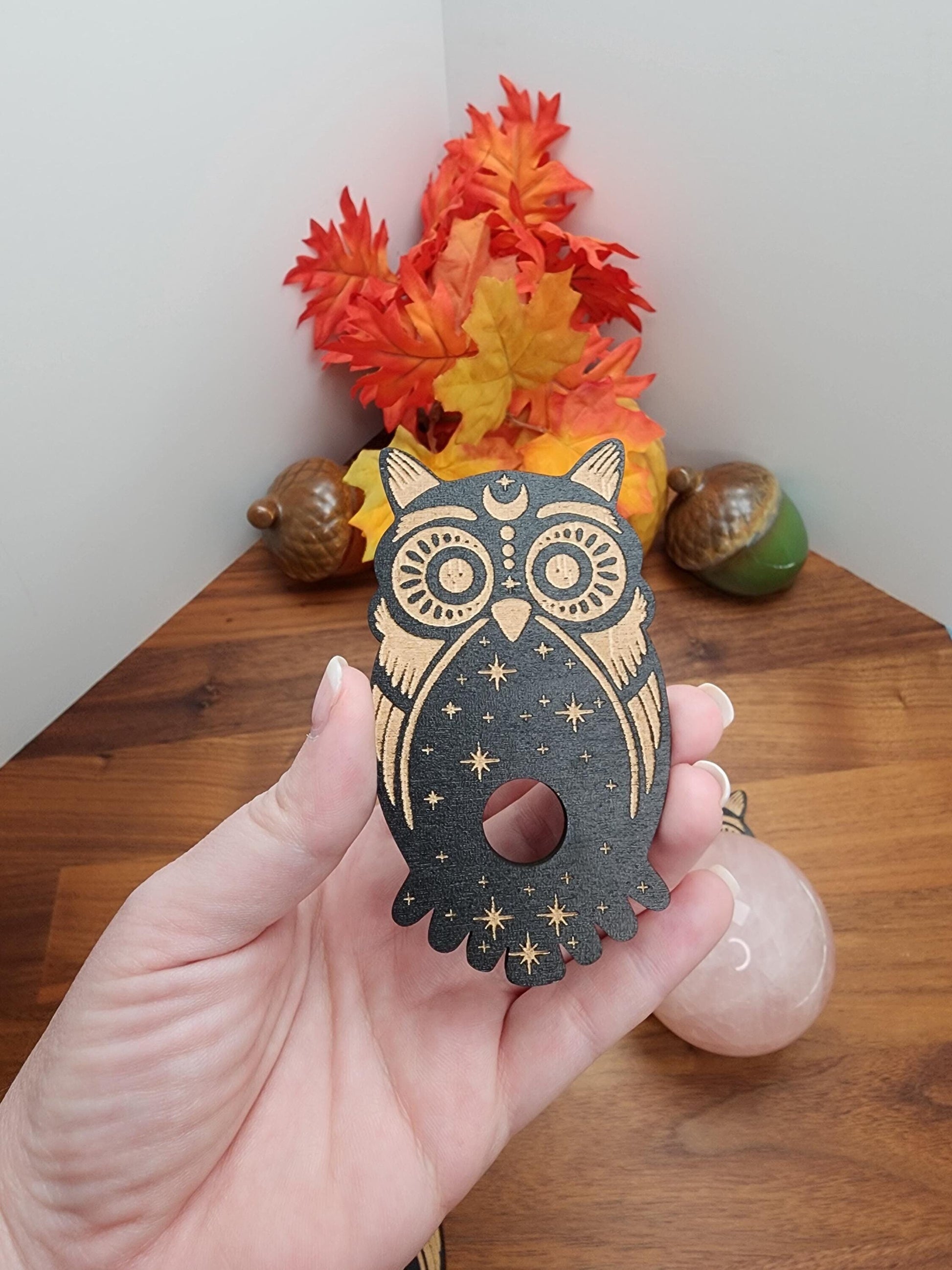 Celestial Wise Old Owl crystal sphere stand. Etched into natural wood with black finish and adorable detail. Can hold spheres from 20mm to about 75mm.