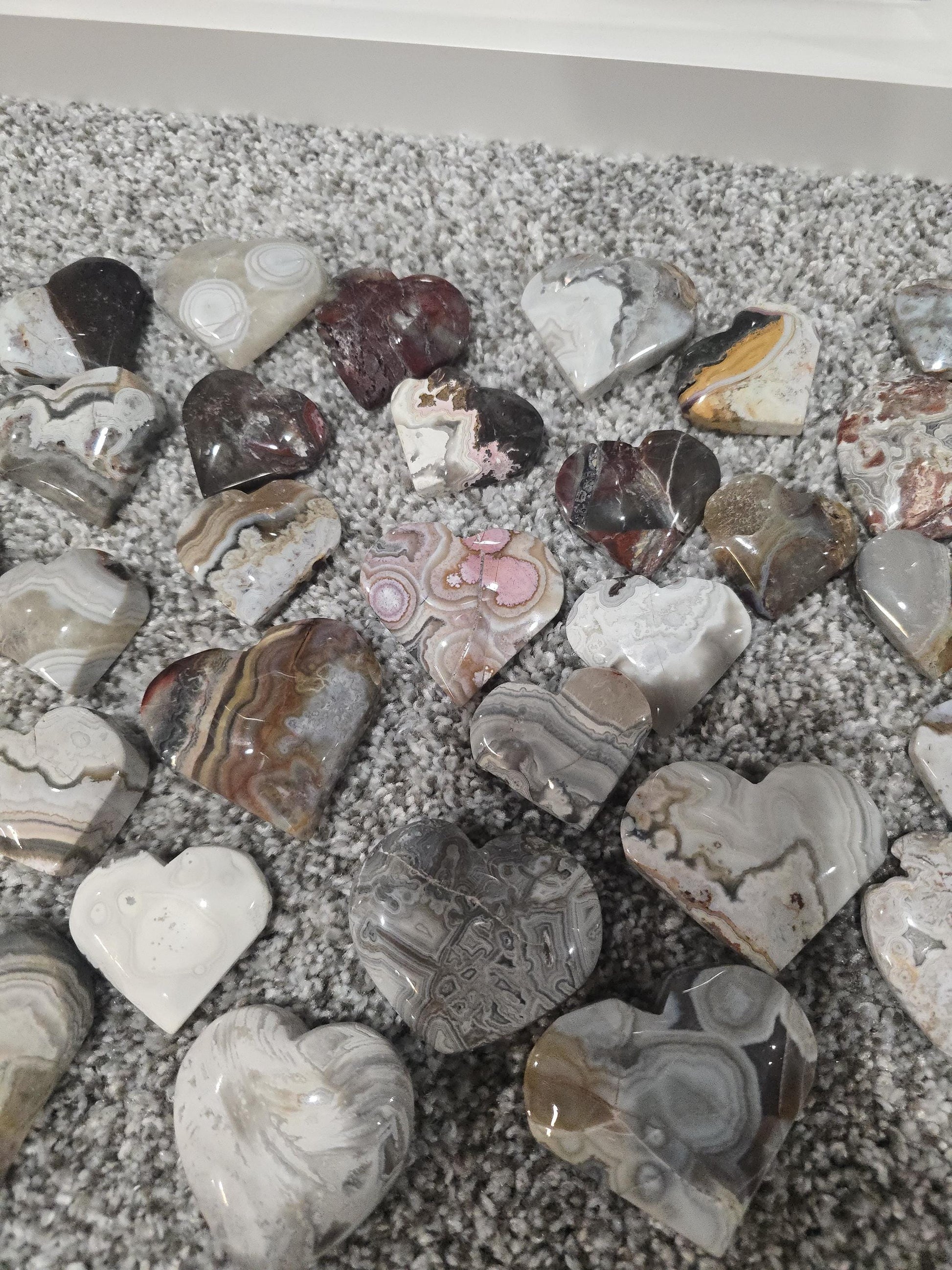 Misfit Moroccan Agate Crystal Heart | Around 1"-2" | Mexico Crazy Lace with colors from gray to pink and bright red, crimson | Imperfect