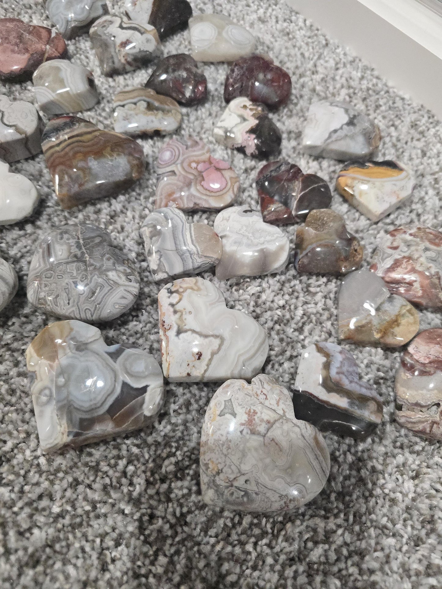 Misfit Moroccan Agate Crystal Heart | Around 1"-2" | Mexico Crazy Lace with colors from gray to pink and bright red, crimson | Imperfect