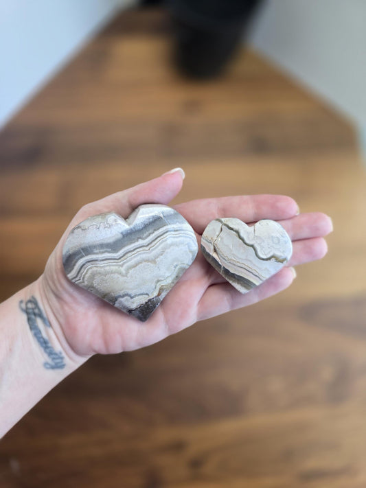 Misfit Moroccan Agate Crystal Heart | Around 1"-2" | Mexico Crazy Lace with colors from gray to pink and bright red, crimson | Imperfect
