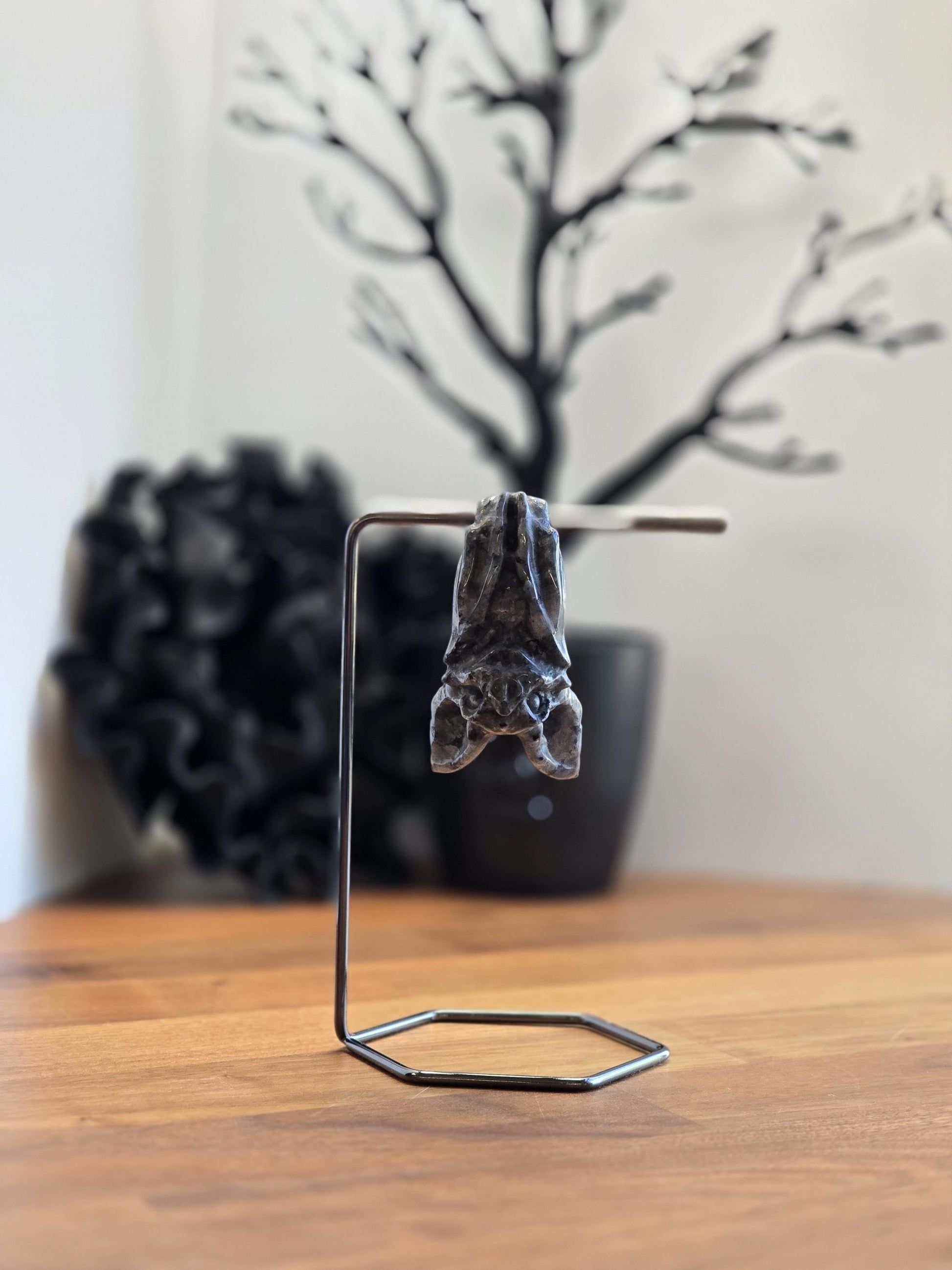Larvakite Crystal Bat | Big Chiroptera | Hanging upside from a fun stand | 3.2" | Black, Gray with Silver Blue Flashes | Halloween Decor