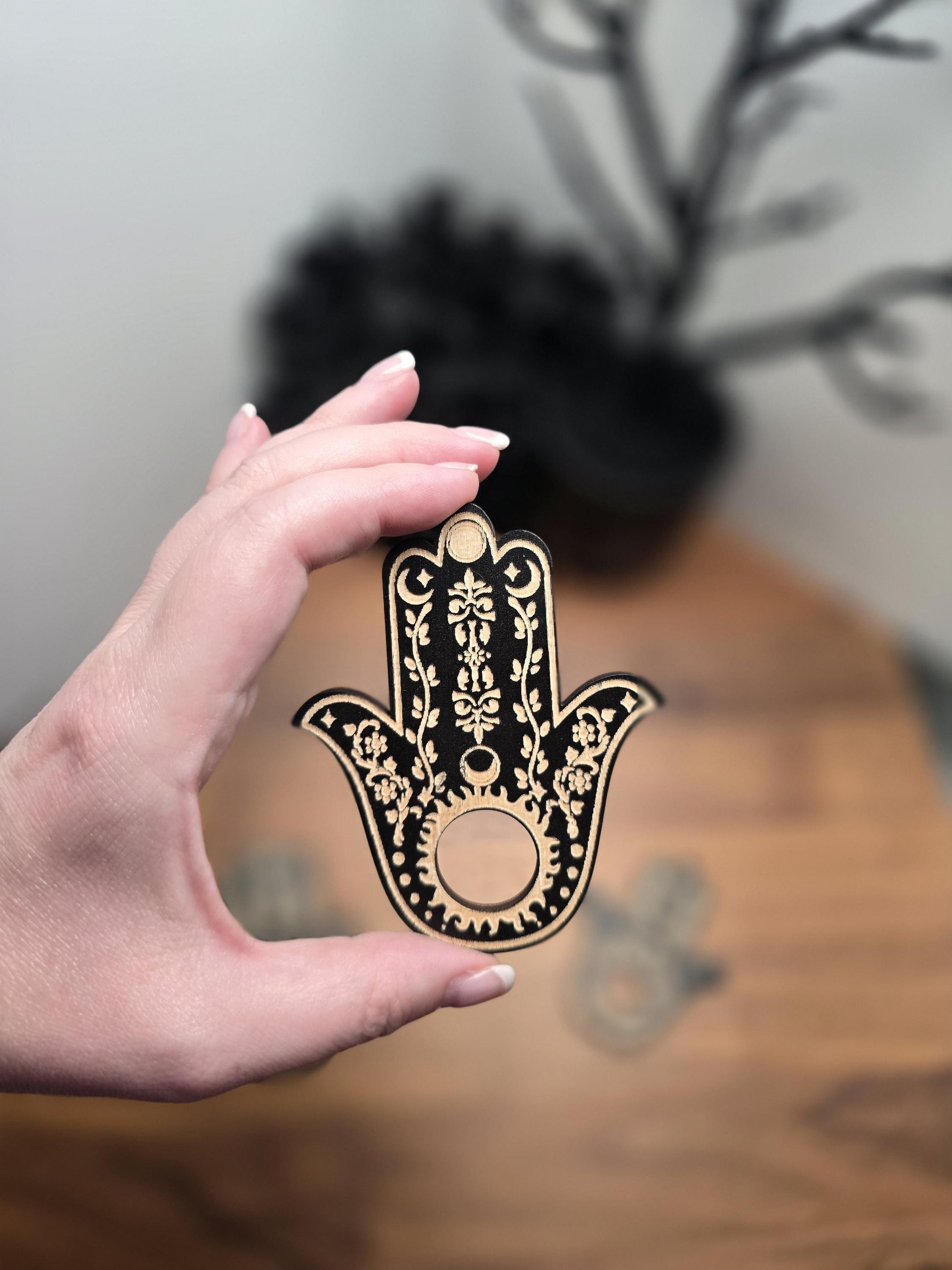 Hamsa Hand Sphere Stand | Black Etched Wood with Flowers & Moons like Henna | Sun, Lotus, Evil Eye Crystal Ball Holder | Flat Wooden Display