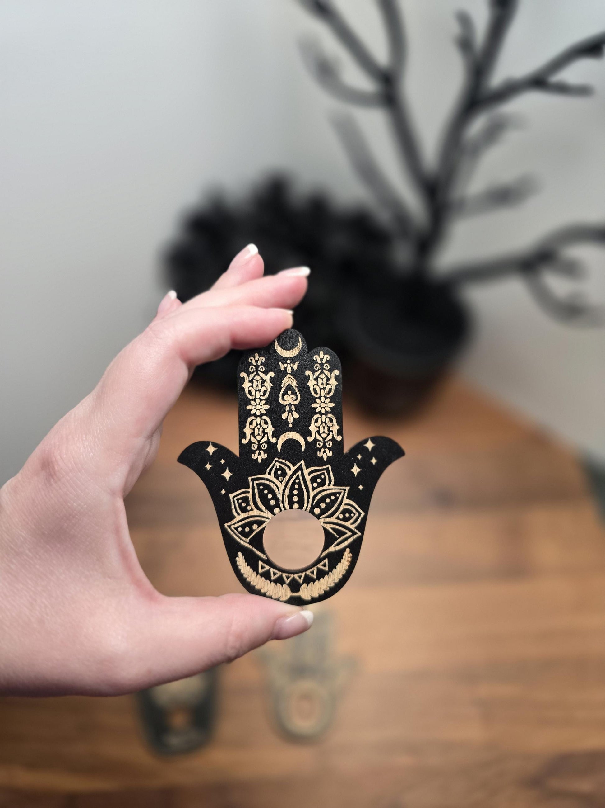 Hamsa Hand Sphere Stand | Black Etched Wood with Flowers & Moons like Henna | Sun, Lotus, Evil Eye Crystal Ball Holder | Flat Wooden Display