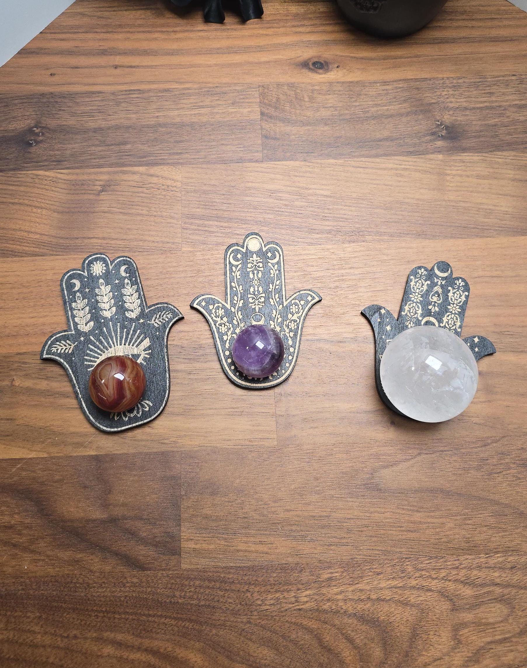 Hamsa Hand Sphere Stand | Black Etched Wood with Flowers & Moons like Henna | Sun, Lotus, Evil Eye Crystal Ball Holder | Flat Wooden Display