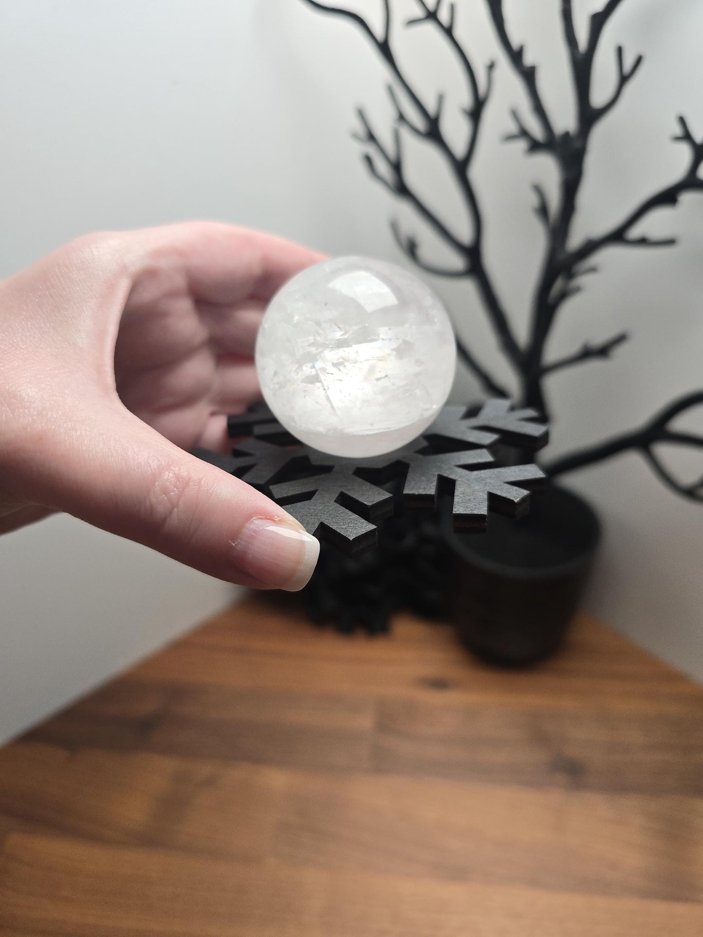 Gothic Winter Snowflake Crystal Sphere Stand | Black Wood Crystal Ball Holder | Holiday or Solstice Display Ideas | Intuitively Chosen