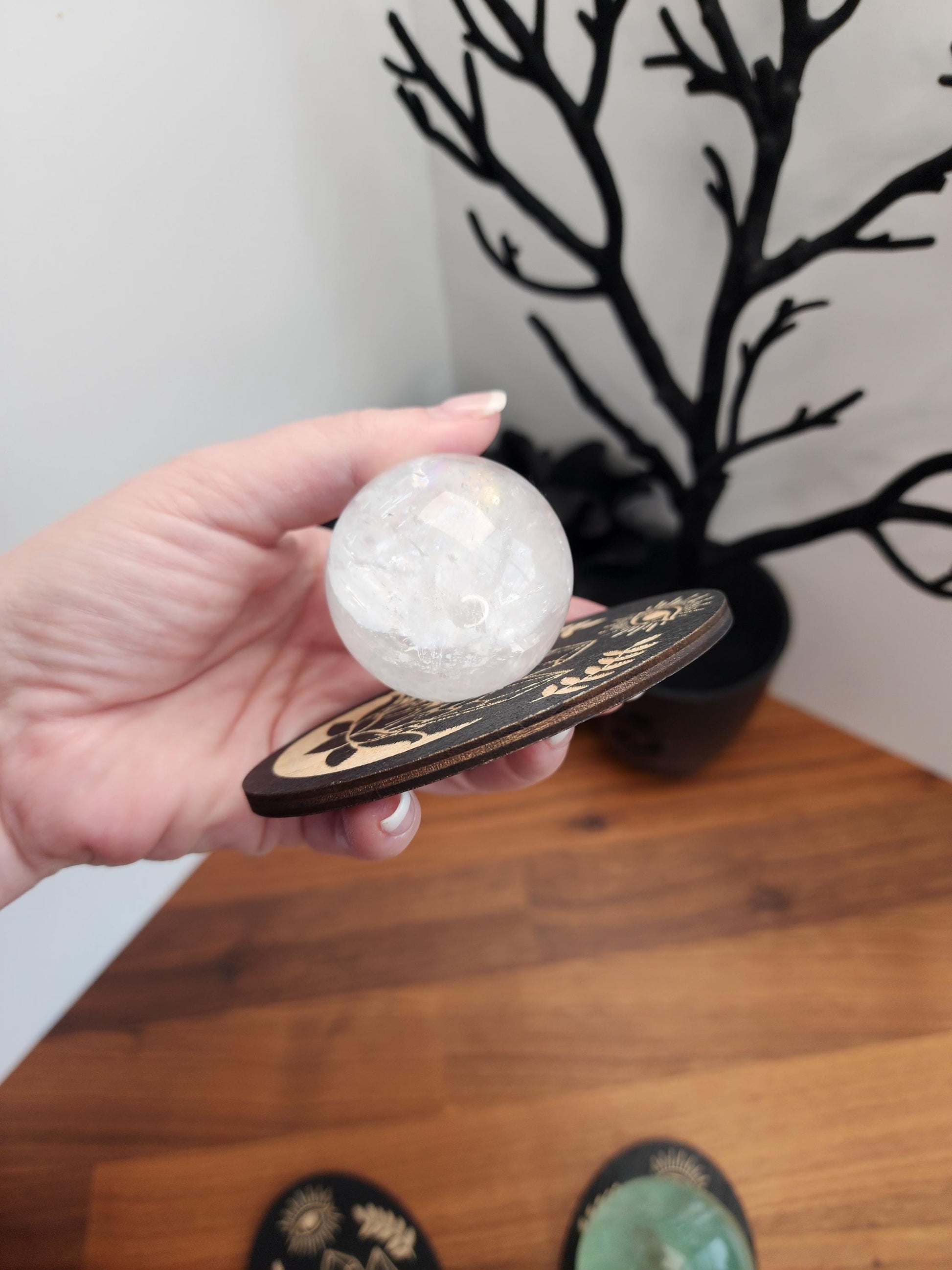 Oval Crystal Sphere Stand | 3.75" | Featuring Crystals on a lotus and moon base and Evil Eye watching over | Large Crystal Ball Holder