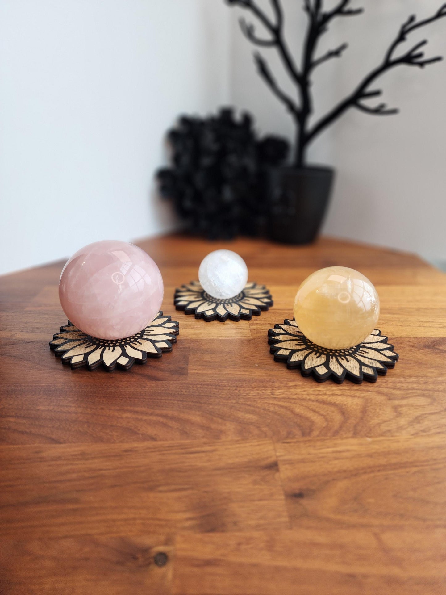 Sunflower Crystal Sphere Stand "Summer" | 3.75" | Black Etched Wooden Display | Sunny flower, seed center & petal edge cutouts | Ball Holder