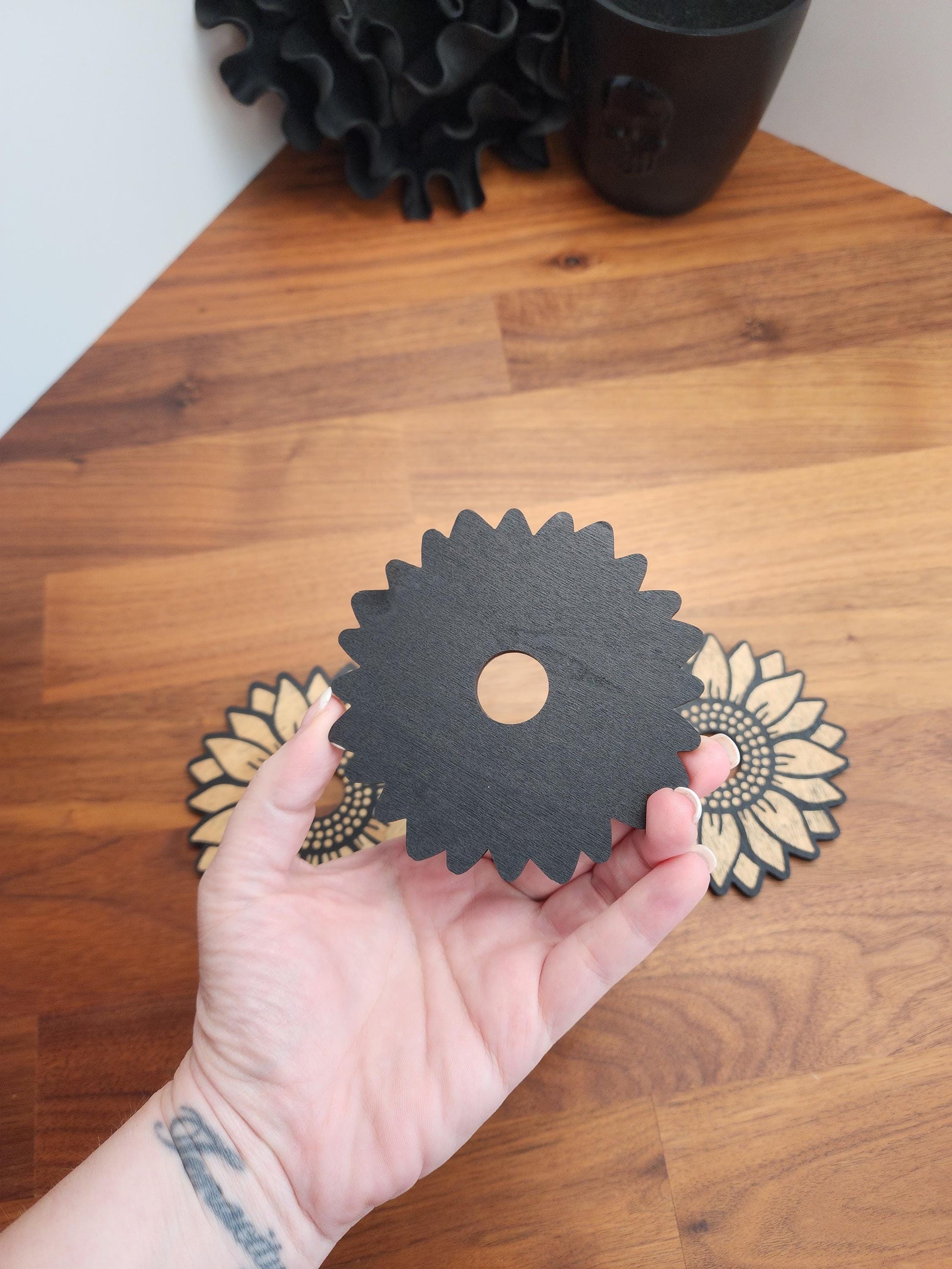 Sunflower Crystal Sphere Stand "Summer" | 3.75" | Black Etched Wooden Display | Sunny flower, seed center & petal edge cutouts | Ball Holder