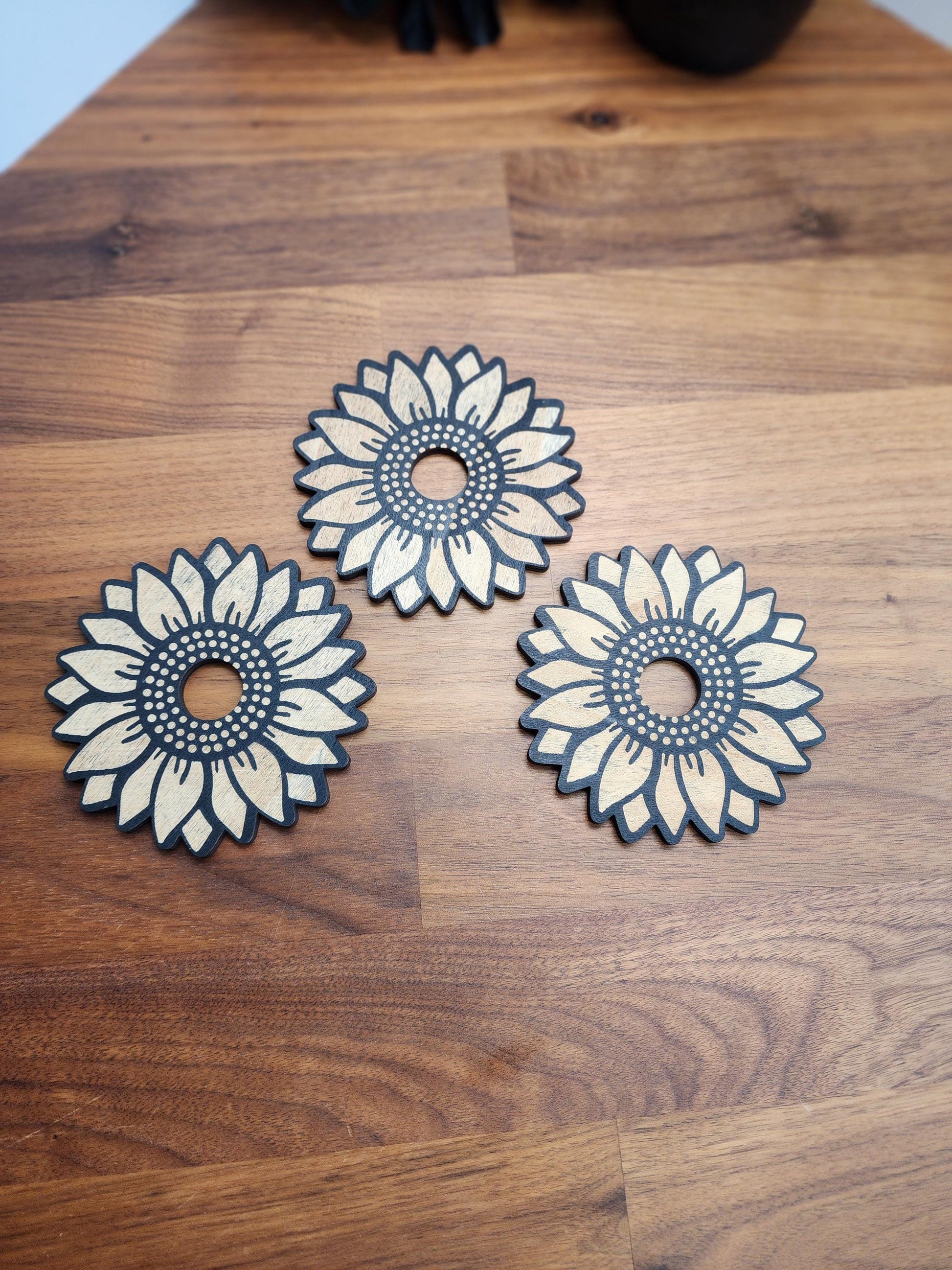 Sunflower Crystal Sphere Stand "Summer" | 3.75" | Black Etched Wooden Display | Sunny flower, seed center & petal edge cutouts | Ball Holder