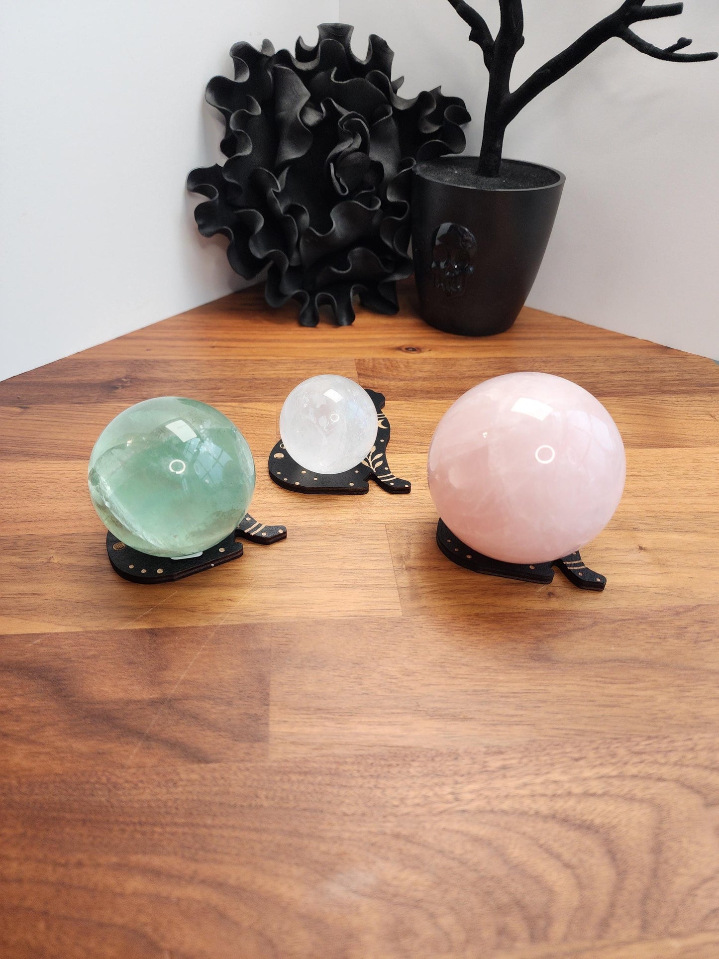 Lunar Cycle Cat Sphere Stand | 3.75" | Black Etched Wooden Display | 25mm to 80mm Crystal Ball Holder