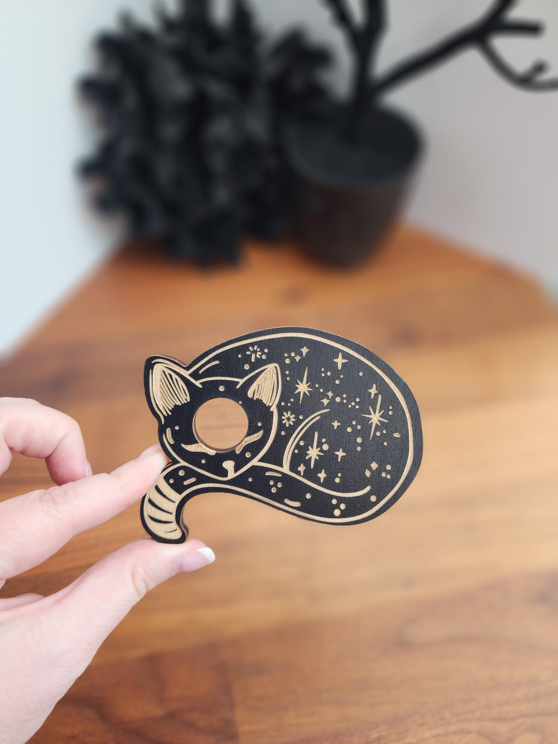 Sleepy Celestial Cat Sphere Stand | 3.75" | Black Etched Wooden Display | 25mm to 80mm Crystal Ball Holder