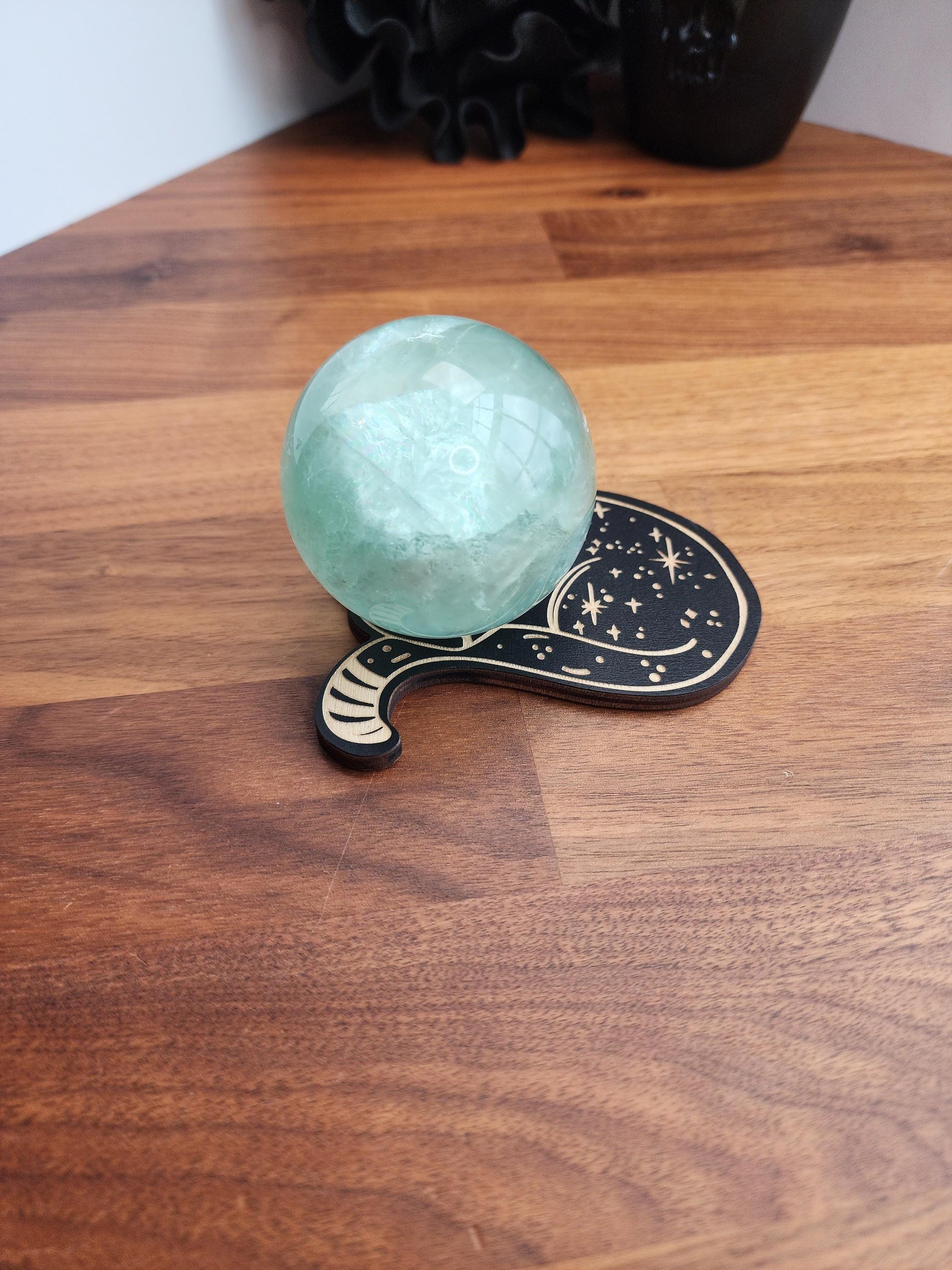Sleepy Celestial Cat Sphere Stand | 3.75" | Black Etched Wooden Display | 25mm to 80mm Crystal Ball Holder
