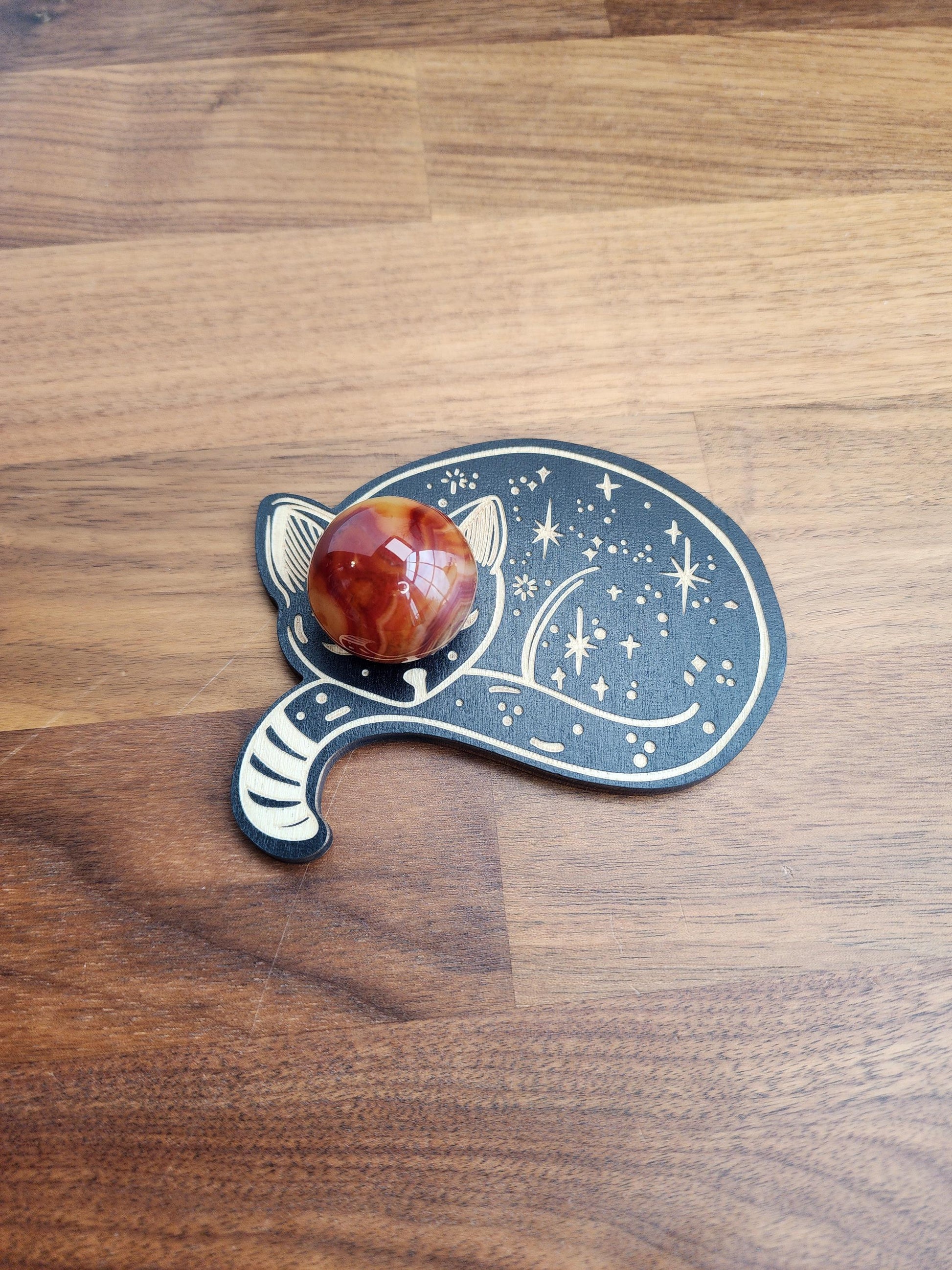 Sleepy Celestial Cat Sphere Stand | 3.75" | Black Etched Wooden Display | 25mm to 80mm Crystal Ball Holder