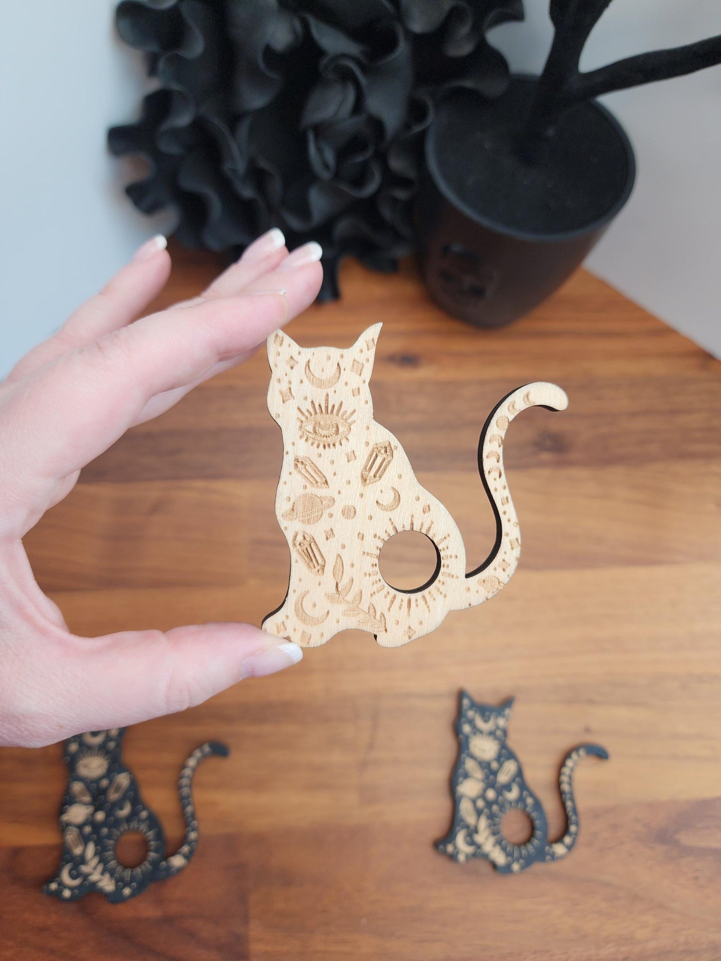 Crystal Cat Sphere Stand | 3" | Adorned with Crystal and a Protective Eye in Black or Natural Color Etched Wood | 25mm to 80mm Ball Holder