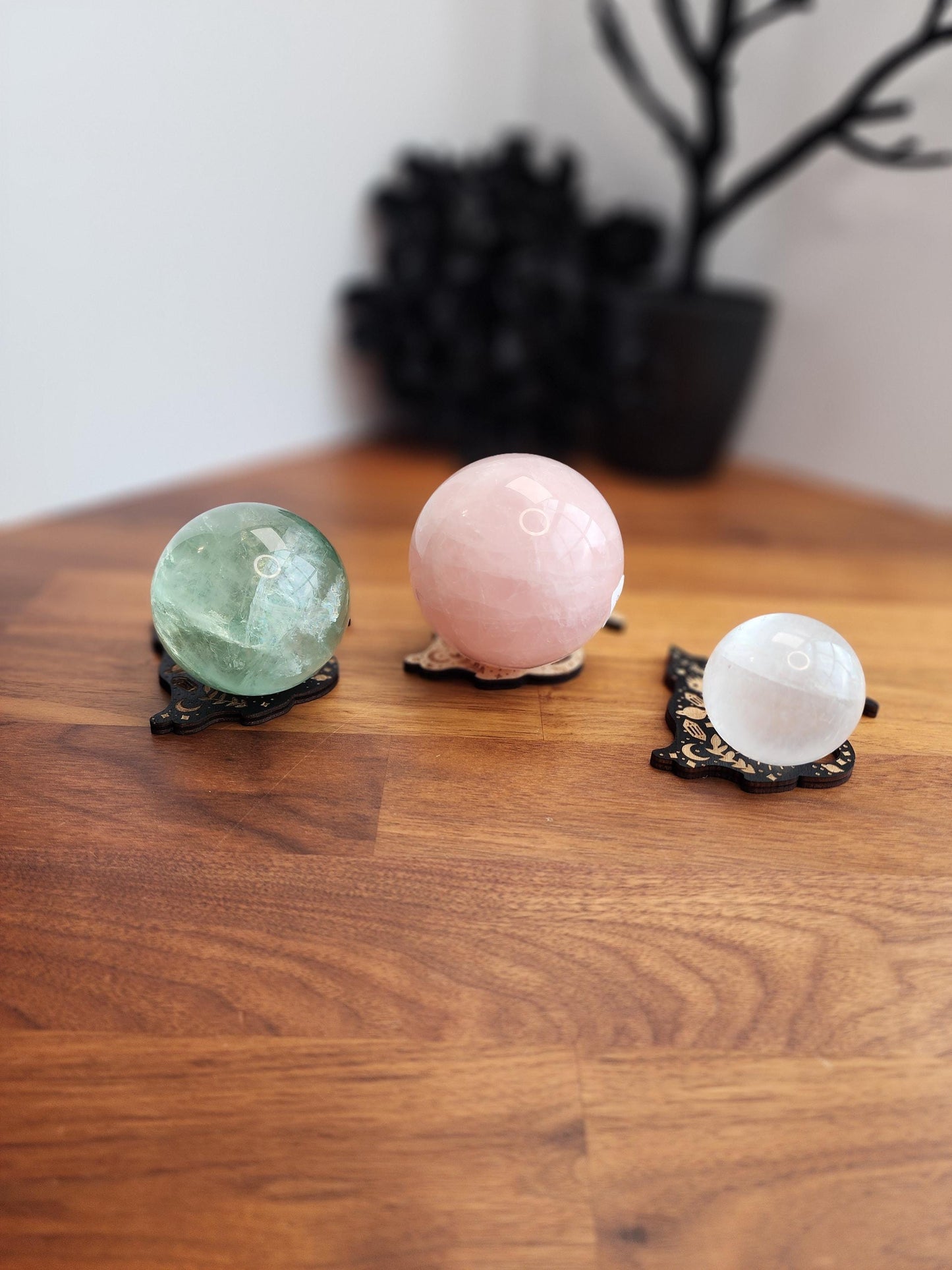 Crystal Cat Sphere Stand | 3" | Adorned with Crystal and a Protective Eye in Black or Natural Color Etched Wood | 25mm to 80mm Ball Holder