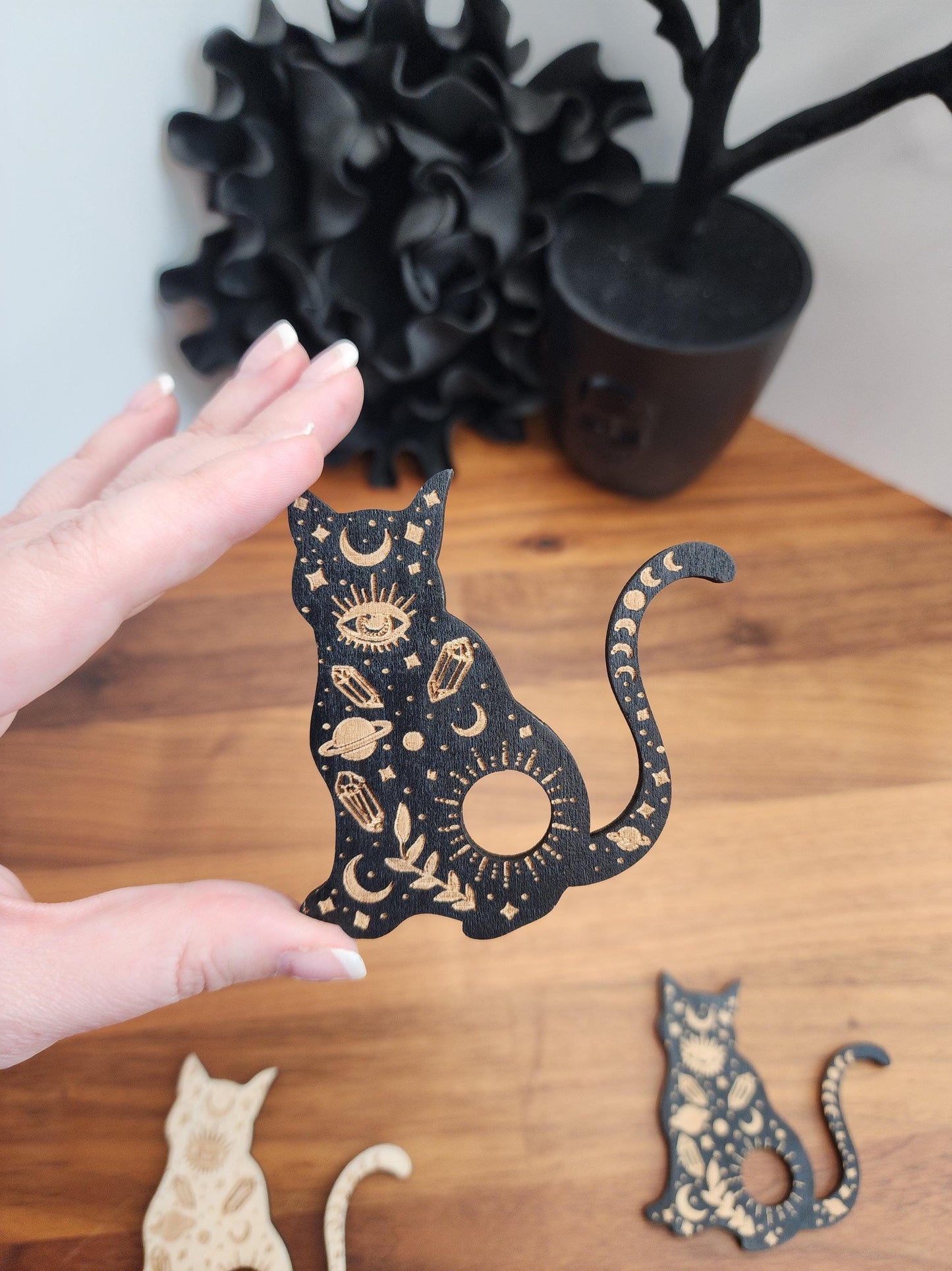 Crystal Sphere Stand: Protective Evil Eye Cat Motif with Crystal Gems and Planets | Black or Natural Etched Wood