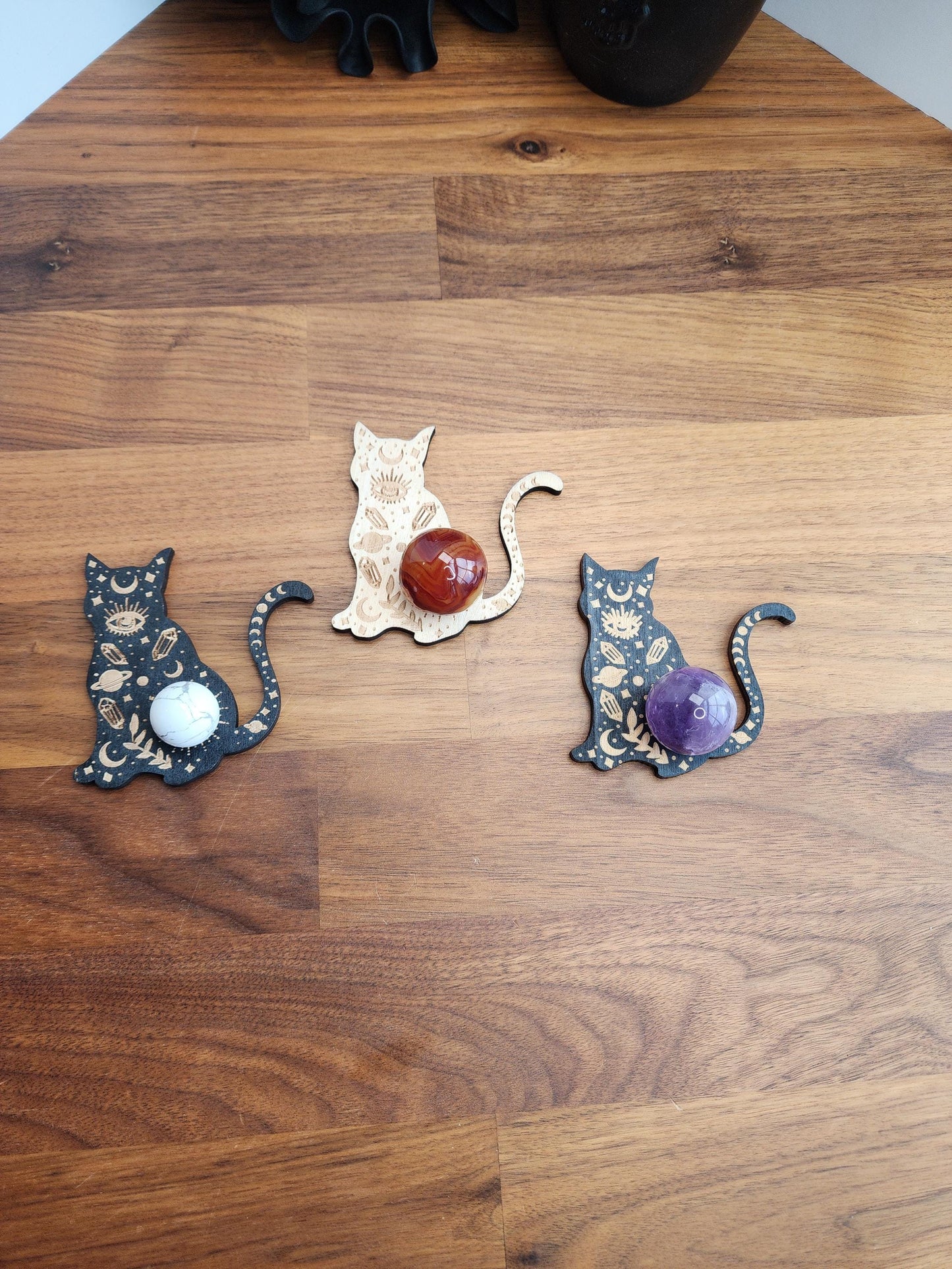 Crystal Sphere Stand: Protective Evil Eye Cat Motif with Crystal Gems and Planets | Black or Natural Etched Wood