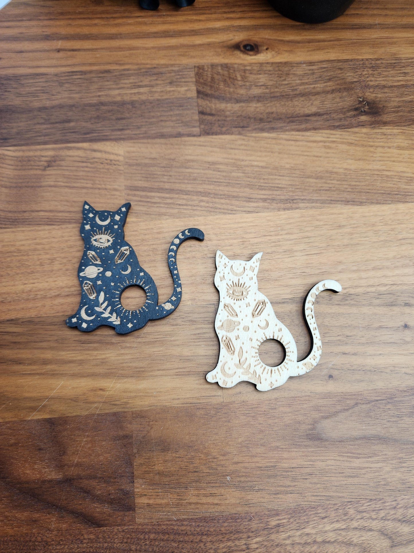 Crystal Cat Sphere Stand | 3" | Adorned with Crystal and a Protective Eye in Black or Natural Color Etched Wood | 25mm to 80mm Ball Holder