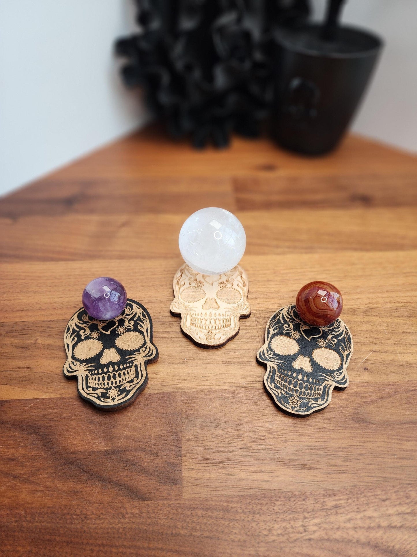 Sugar Skull crystal sphere stands are in just in time for Dia De Los Muertos. For any crystal ball or display holder.