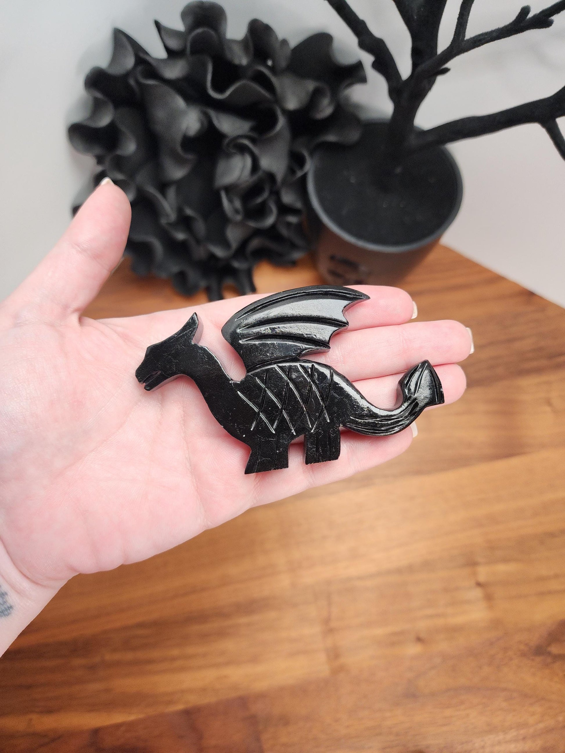 Winged Crystal Dragon | Medieval Black or White Carving | Natural Serpentine with Black Heavy Laquer | MISFIT