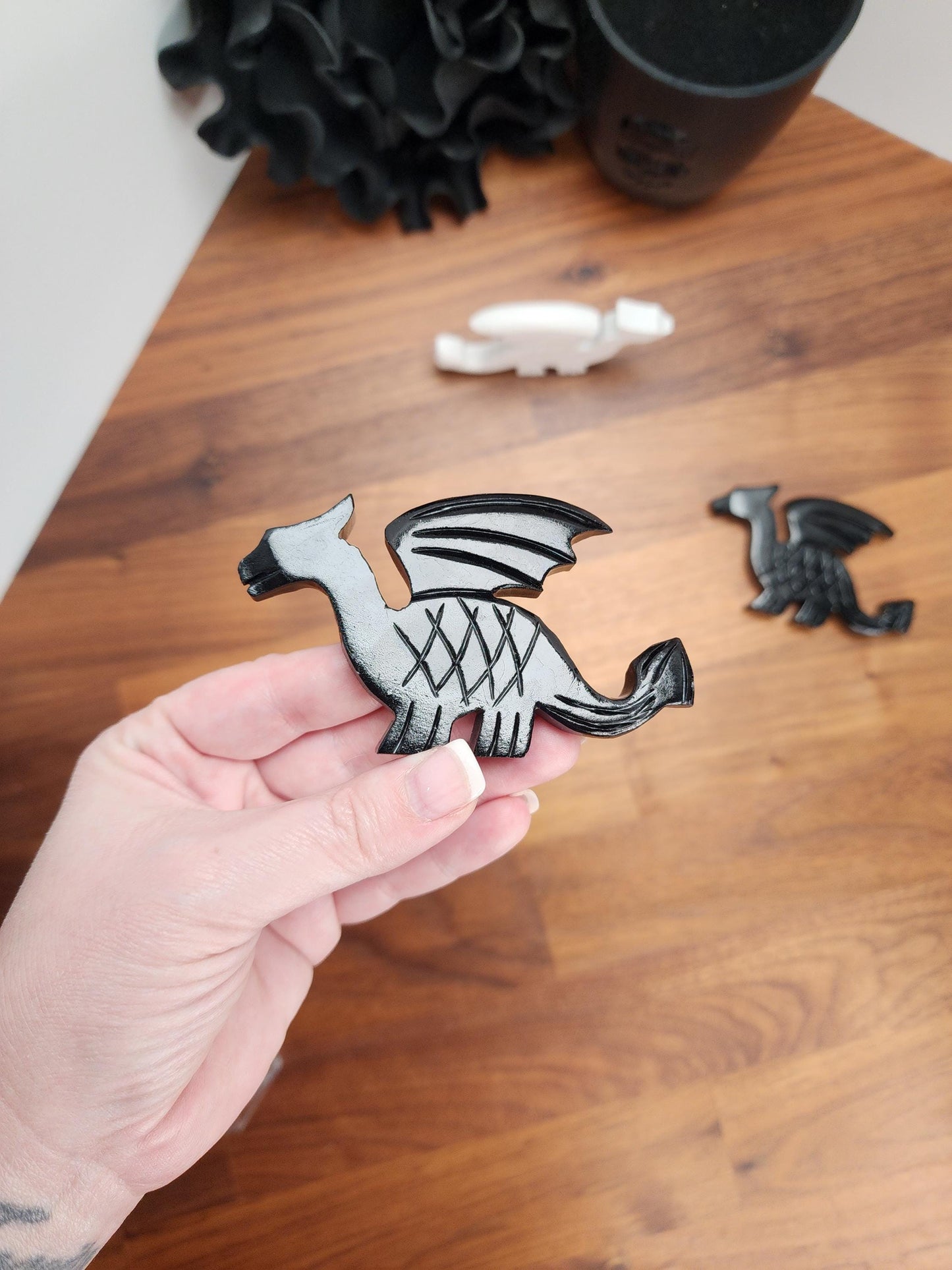 Winged Crystal Dragon | Medieval Black or White Carving | Natural Serpentine with Black Heavy Laquer | MISFIT