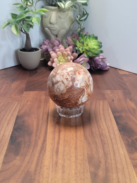 Pink Calcite Crystal Sphere | A | 80 MM - 3.1 Inches | Pink White and Brown | One of a Kind