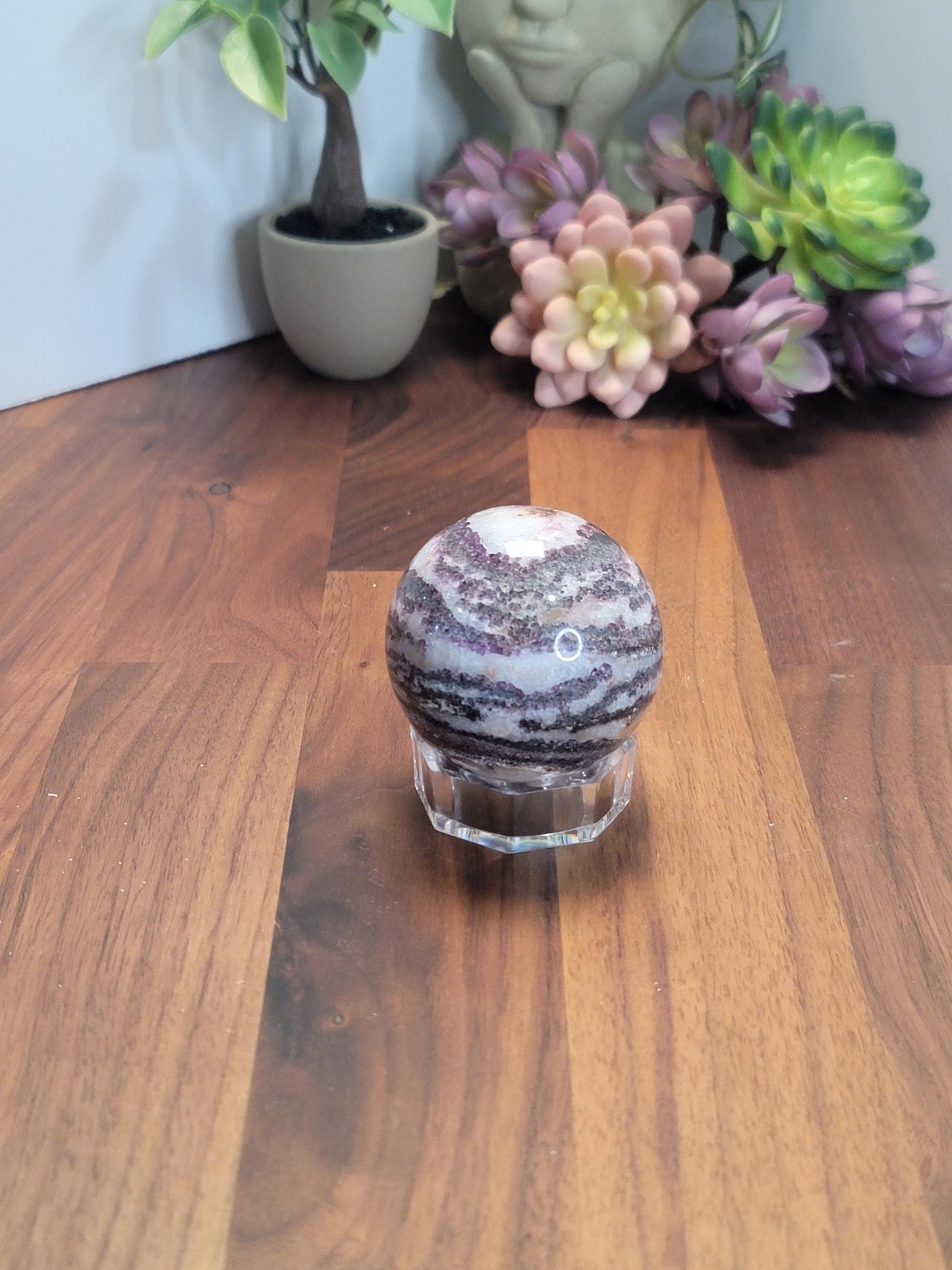 Zebra Fluorite Crystal Sphere | A | 57 MM 2.25 Inches | Pink Purple and White | One of a Kind